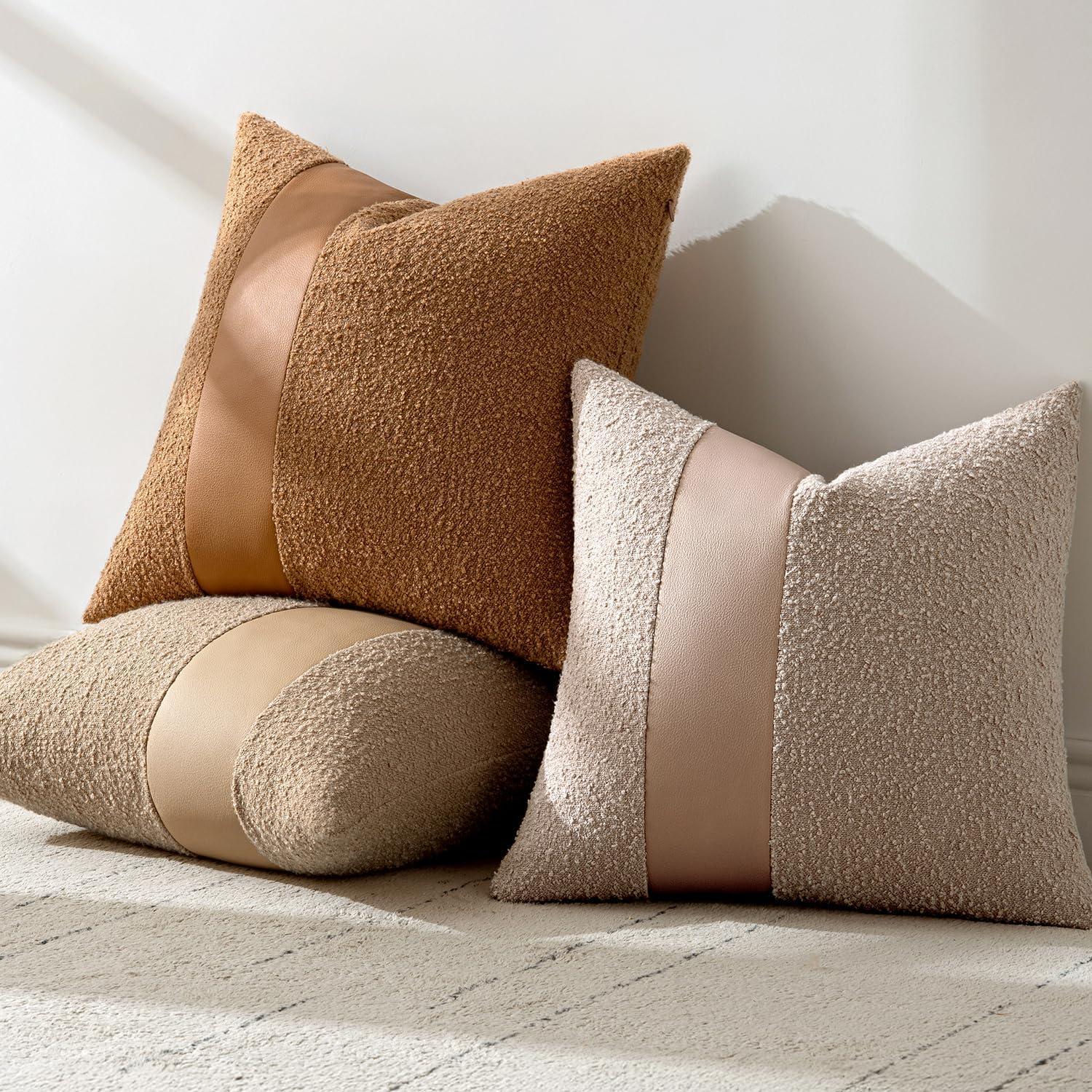 imageMIULEE Boucle Throw Pillow Covers 18x18 Inch Set of 2 Brown Faux Leather Textured Decorative Pillow Cases Boho Farmhouse Accents Cushion Covers for Couch Bed Livingroom Home DecorBrown