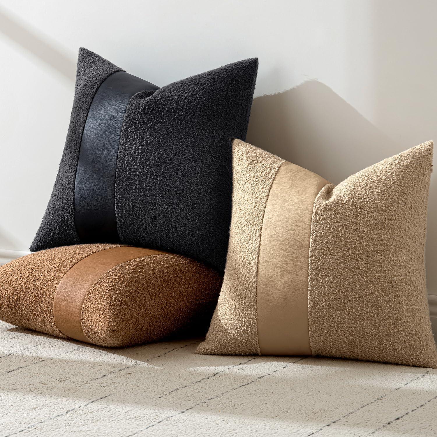 imageMIULEE Boucle Throw Pillow Covers 18x18 Inch Set of 2 Brown Faux Leather Textured Decorative Pillow Cases Boho Farmhouse Accents Cushion Covers for Couch Bed Livingroom Home DecorBlack