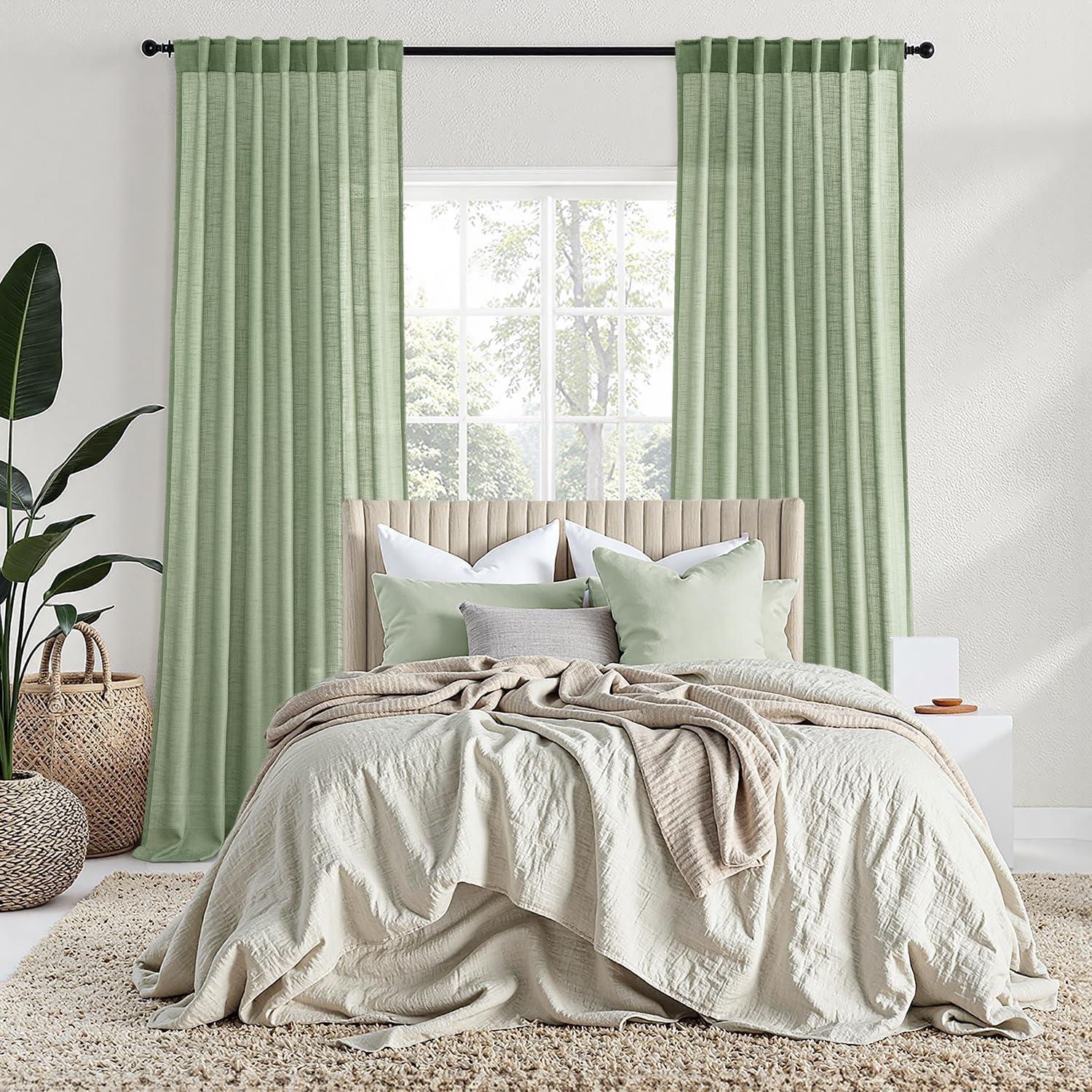 imageMIULEE Burgundy Red Linen Curtains 84 Inch Length 2 Panels for Bedroom Living Room Pinch Pleated Soft Thick Linen Textured Window Drapes with Hooks Semi Sheer Light Filtering Christmas DecorSage Green