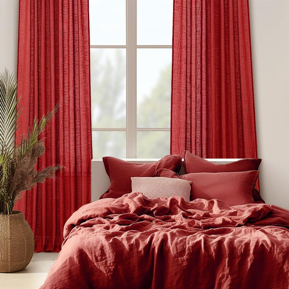 imageMIULEE Burgundy Red Linen Curtains 84 Inch Length 2 Panels for Bedroom Living Room Pinch Pleated Soft Thick Linen Textured Window Drapes with Hooks Semi Sheer Light Filtering Christmas DecorRed