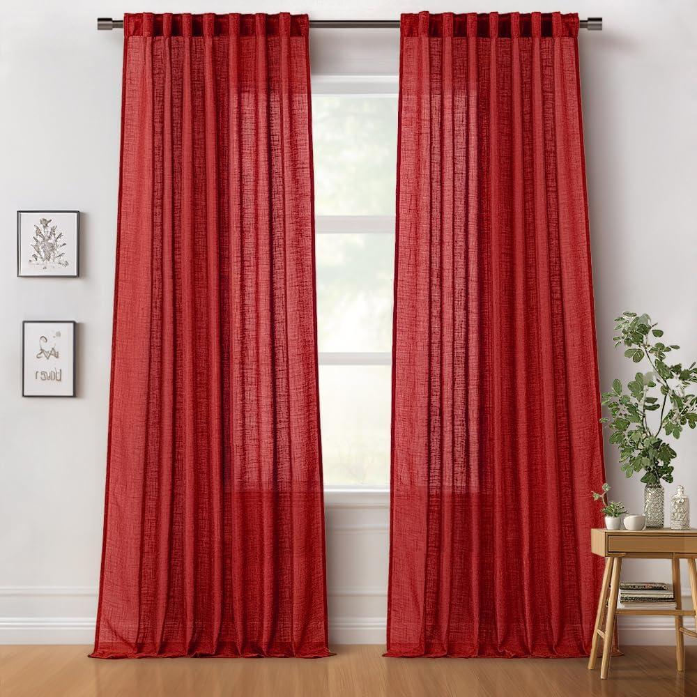 imageMIULEE Burgundy Red Linen Curtains 84 Inch Length 2 Panels for Bedroom Living Room Pinch Pleated Soft Thick Linen Textured Window Drapes with Hooks Semi Sheer Light Filtering Christmas DecorRed