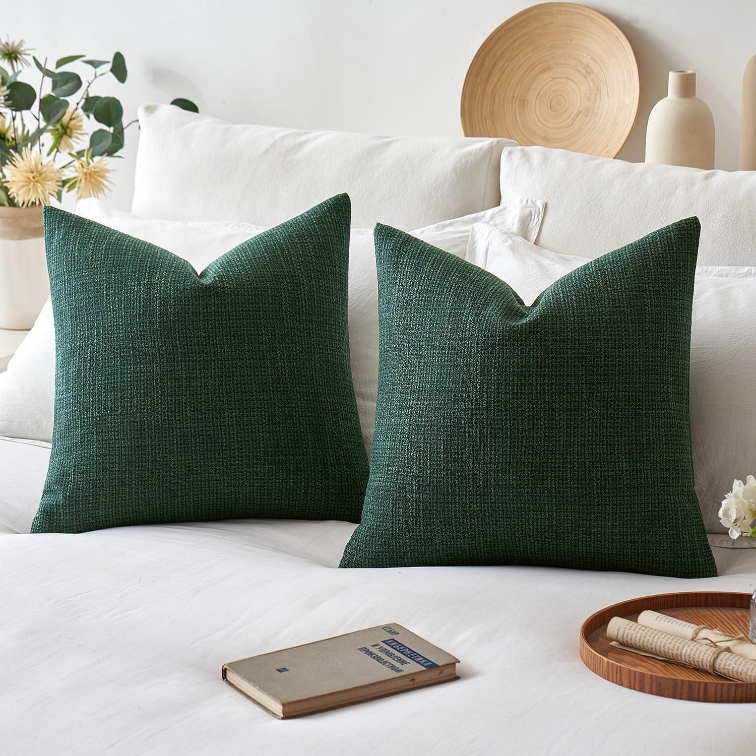 imageMIULEE Burlap Linen Christmas Throw Pillow Covers 18x18 Inch Set of 2 Dark Green Decorative Pillows Modern Farmhouse Cushion Covers for Outdoor Couch Sofa Bedroom Livingroom Home DecorDark Green