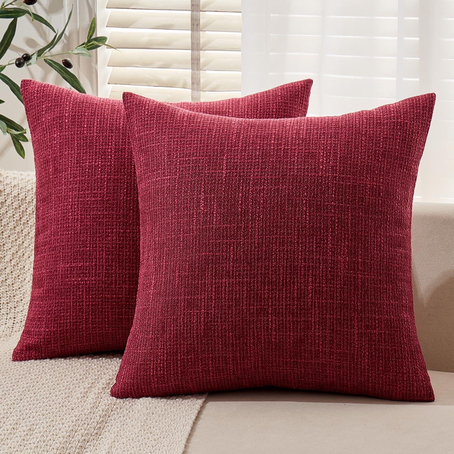 imageMIULEE Burlap Linen Christmas Throw Pillow Covers 18x18 Inch Set of 2 Dark Green Decorative Pillows Modern Farmhouse Cushion Covers for Outdoor Couch Sofa Bedroom Livingroom Home DecorBurgundy Red