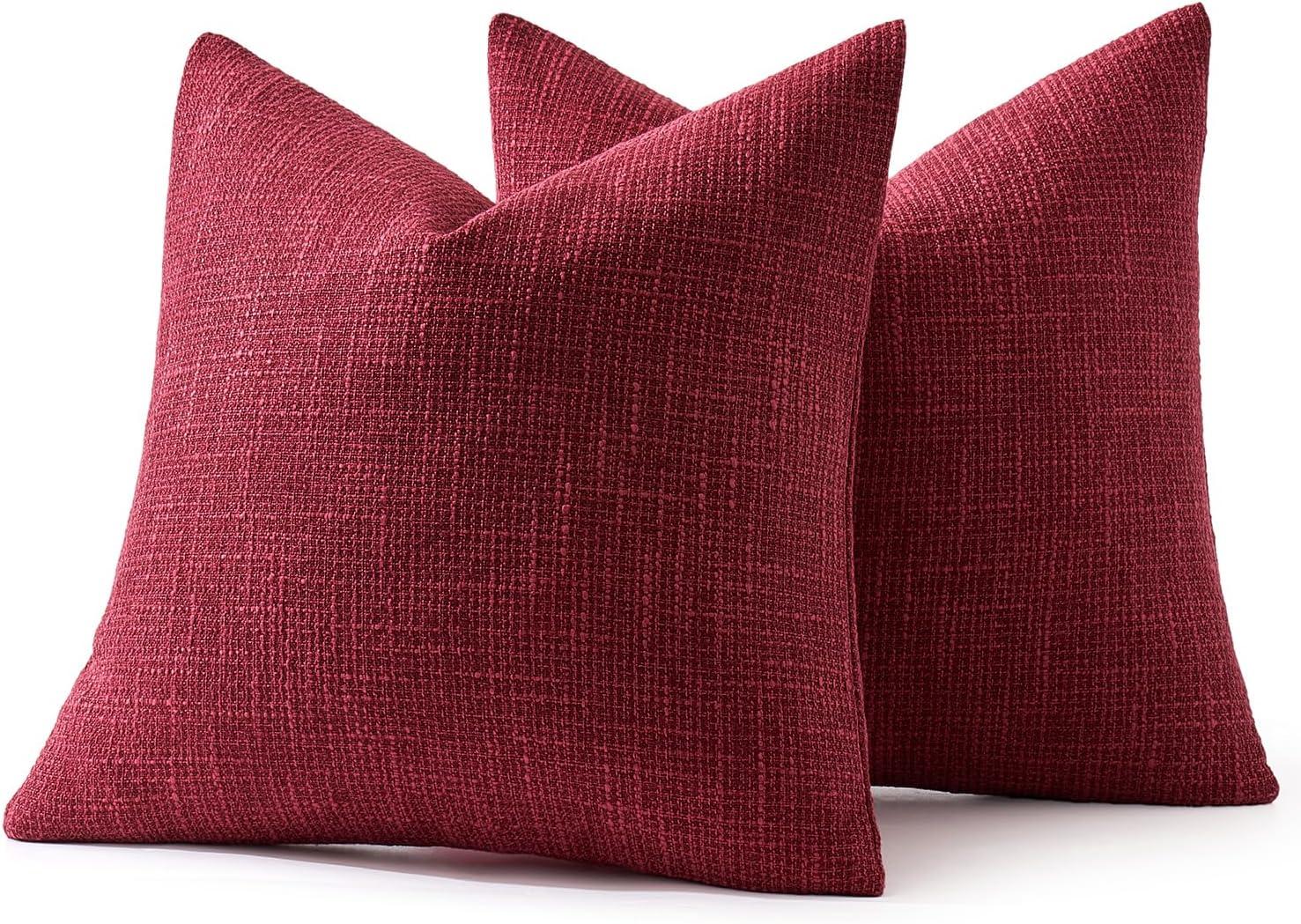 imageMIULEE Burlap Linen Christmas Throw Pillow Covers 18x18 Inch Set of 2 Dark Green Decorative Pillows Modern Farmhouse Cushion Covers for Outdoor Couch Sofa Bedroom Livingroom Home DecorBurgundy Red