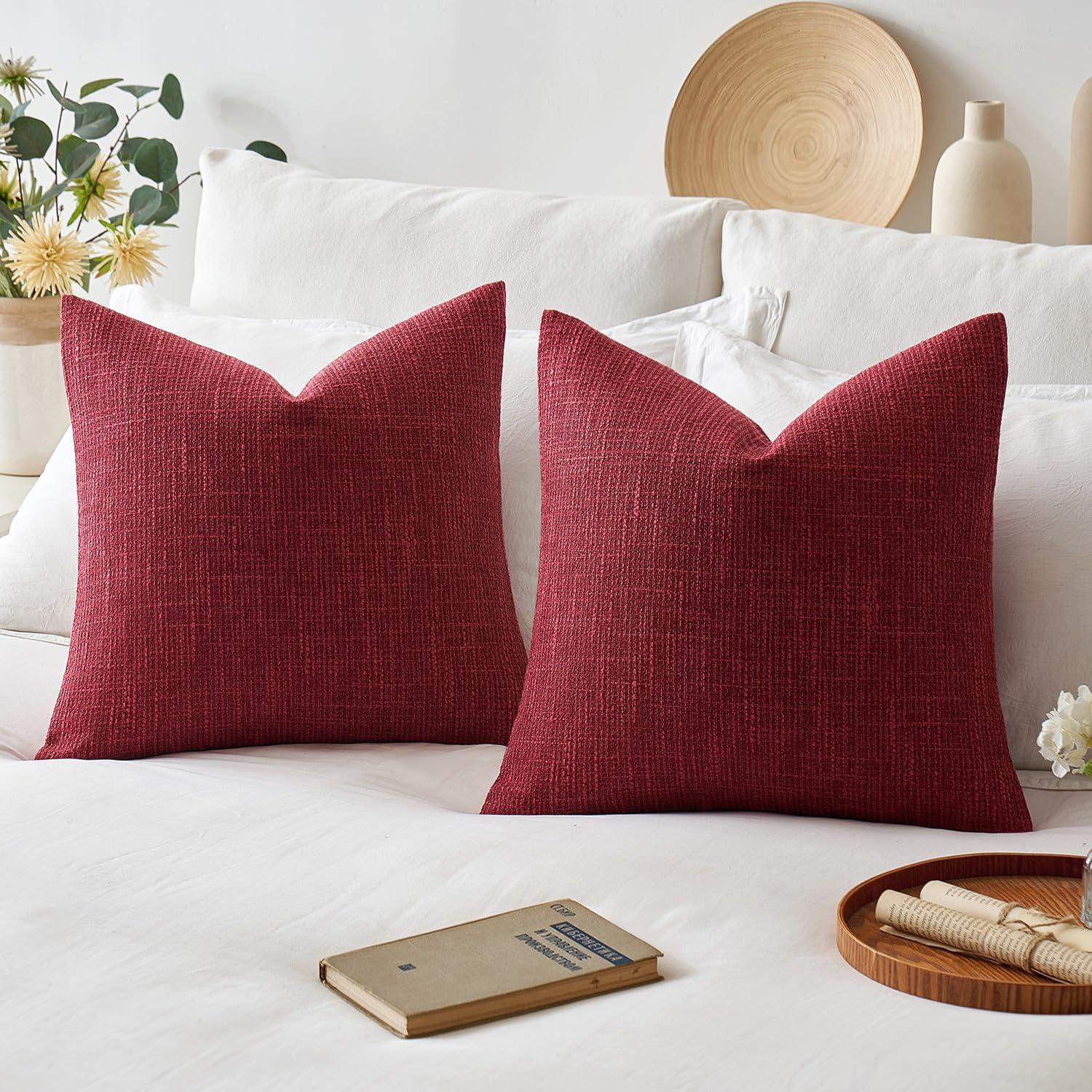 imageMIULEE Burlap Linen Christmas Throw Pillow Covers 18x18 Inch Set of 2 Dark Green Decorative Pillows Modern Farmhouse Cushion Covers for Outdoor Couch Sofa Bedroom Livingroom Home DecorBurgundy Red