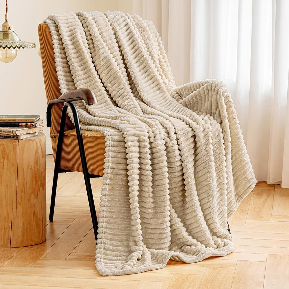 imageMIULEE Burnt Orange Fleece Blanket Durable Plush Fuzzy Extra Soft Warm Cozy Striped Flannel Fall Throw Blanket for Couch Sofa Bed 30quotx40quotBeige