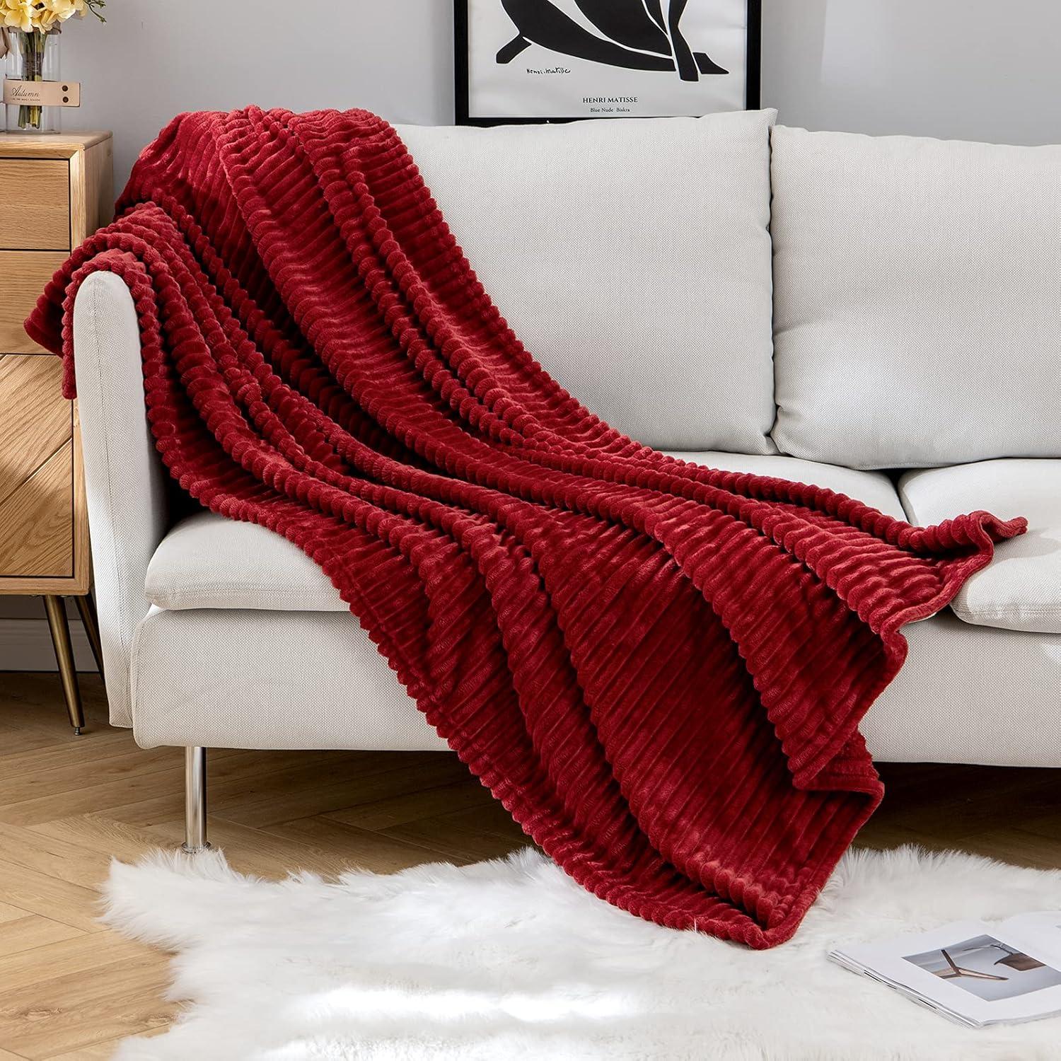 imageMIULEE Burnt Orange Fleece Blanket Durable Plush Fuzzy Extra Soft Warm Cozy Striped Flannel Fall Throw Blanket for Couch Sofa Bed 30quotx40quotBurgundy Red
