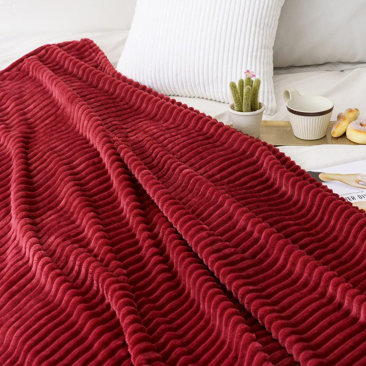 imageMIULEE Burnt Orange Fleece Blanket Durable Plush Fuzzy Extra Soft Warm Cozy Striped Flannel Fall Throw Blanket for Couch Sofa Bed 30quotx40quotBurgundy Red