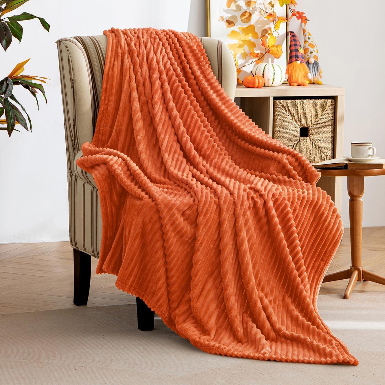 imageMIULEE Burnt Orange Fleece Blanket Durable Plush Fuzzy Extra Soft Warm Cozy Striped Flannel Fall Throw Blanket for Couch Sofa Bed 30quotx40quotBurnt Orange