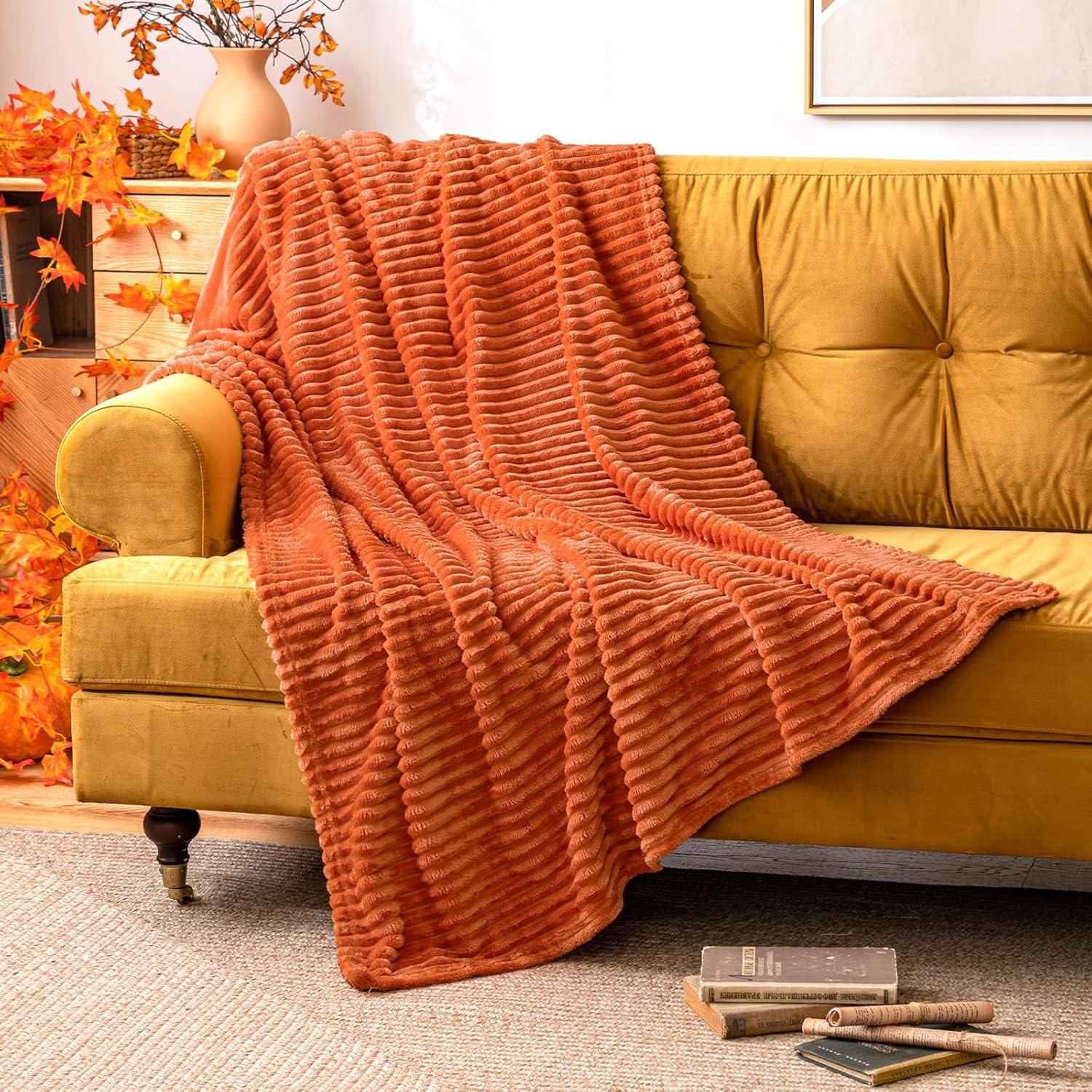imageMIULEE Burnt Orange Fleece Blanket Durable Plush Fuzzy Extra Soft Warm Cozy Striped Flannel Fall Throw Blanket for Couch Sofa Bed 30quotx40quotBurnt Orange