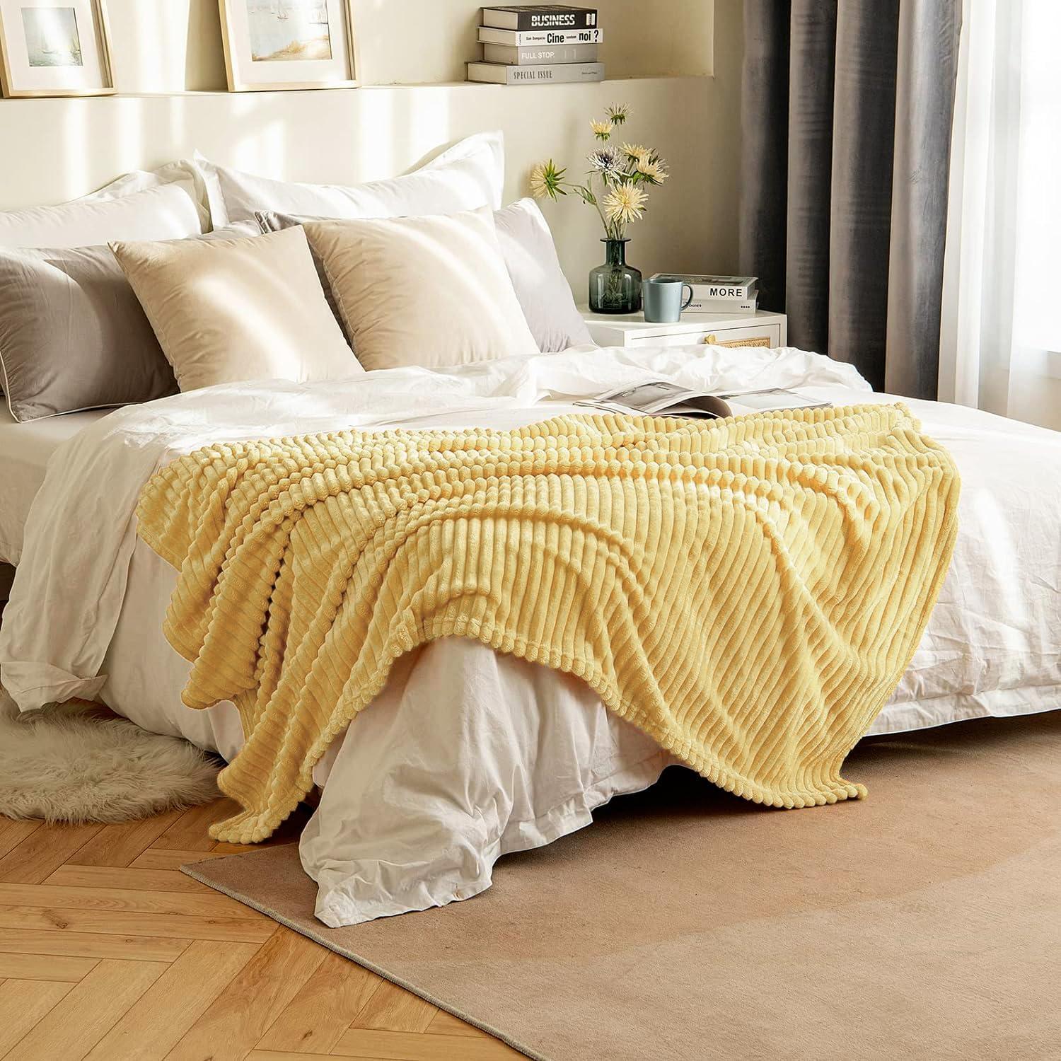 imageMIULEE Burnt Orange Fleece Blanket Durable Plush Fuzzy Extra Soft Warm Cozy Striped Flannel Fall Throw Blanket for Couch Sofa Bed 30quotx40quotLight Yellow