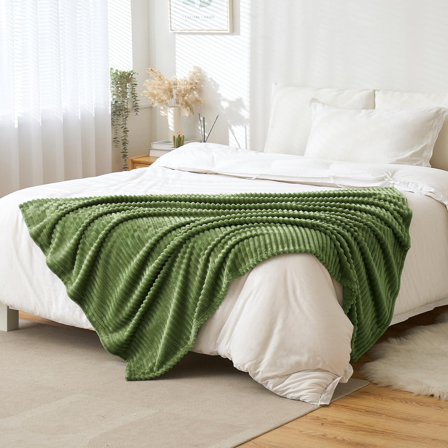 imageMIULEE Burnt Orange Fleece Blanket Durable Plush Fuzzy Extra Soft Warm Cozy Striped Flannel Fall Throw Blanket for Couch Sofa Bed 30quotx40quotMoss Green