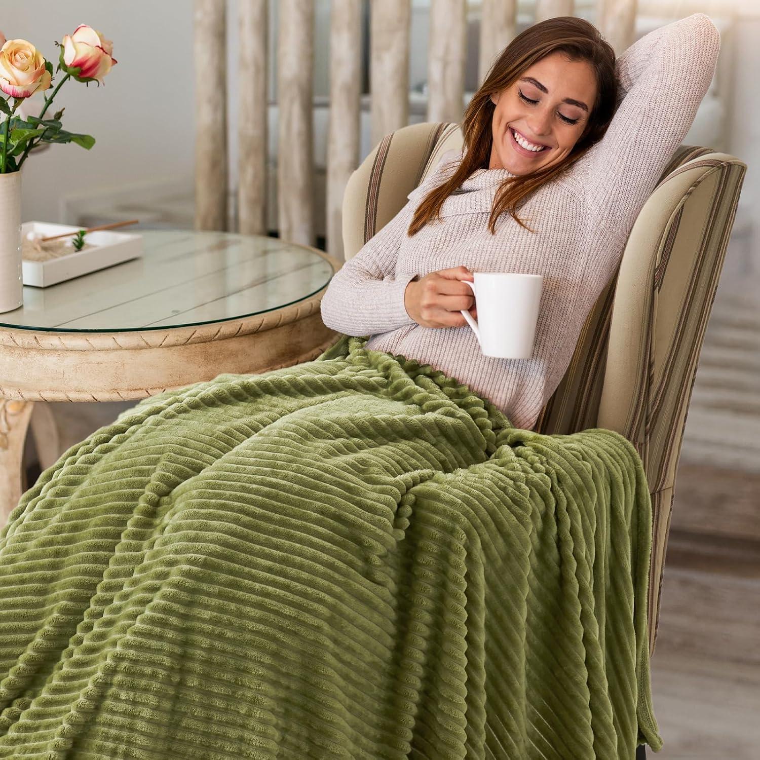 imageMIULEE Burnt Orange Fleece Blanket Durable Plush Fuzzy Extra Soft Warm Cozy Striped Flannel Fall Throw Blanket for Couch Sofa Bed 30quotx40quotOlive Green