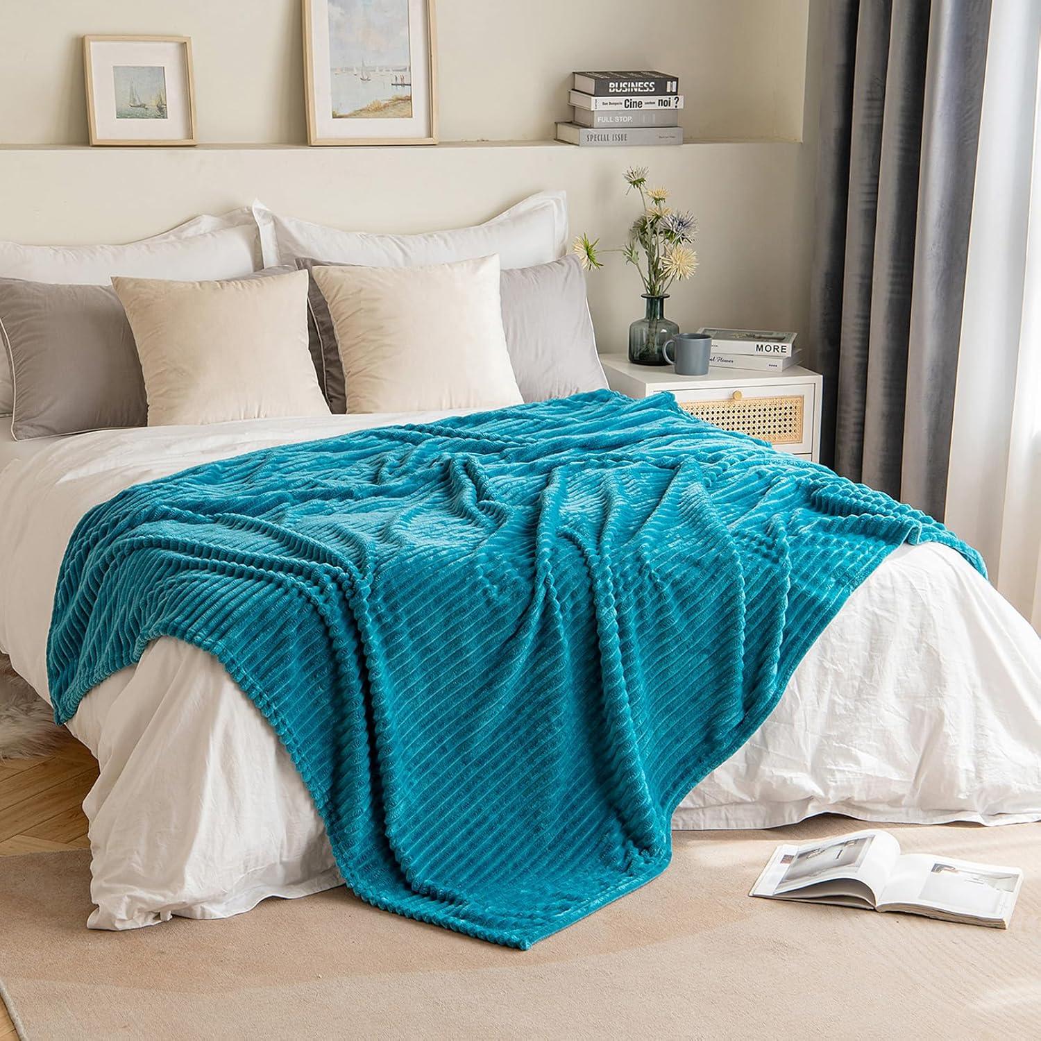 imageMIULEE Burnt Orange Fleece Blanket Durable Plush Fuzzy Extra Soft Warm Cozy Striped Flannel Fall Throw Blanket for Couch Sofa Bed 30quotx40quotTeal