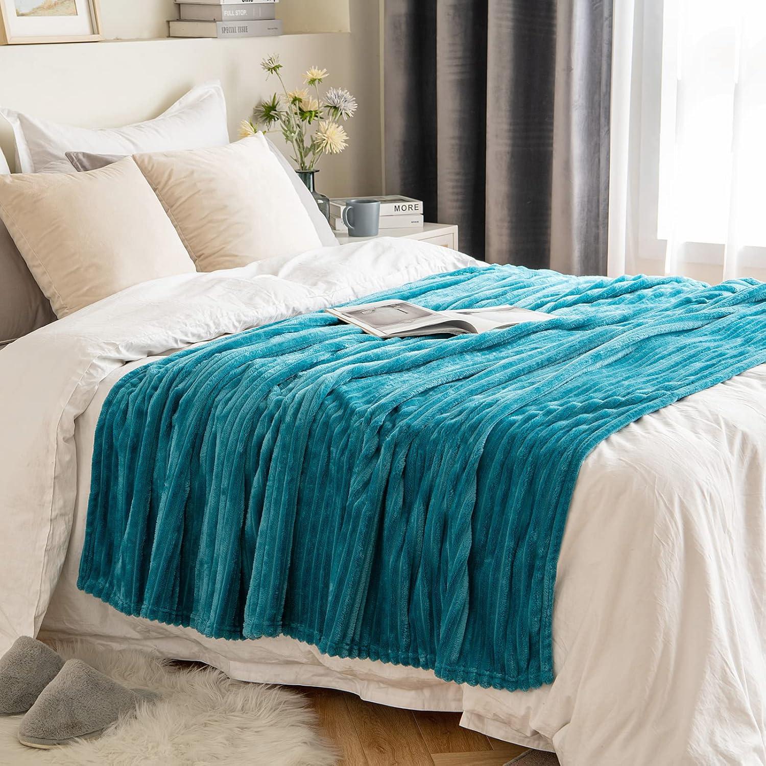 imageMIULEE Burnt Orange Fleece Blanket Durable Plush Fuzzy Extra Soft Warm Cozy Striped Flannel Fall Throw Blanket for Couch Sofa Bed 30quotx40quotTeal