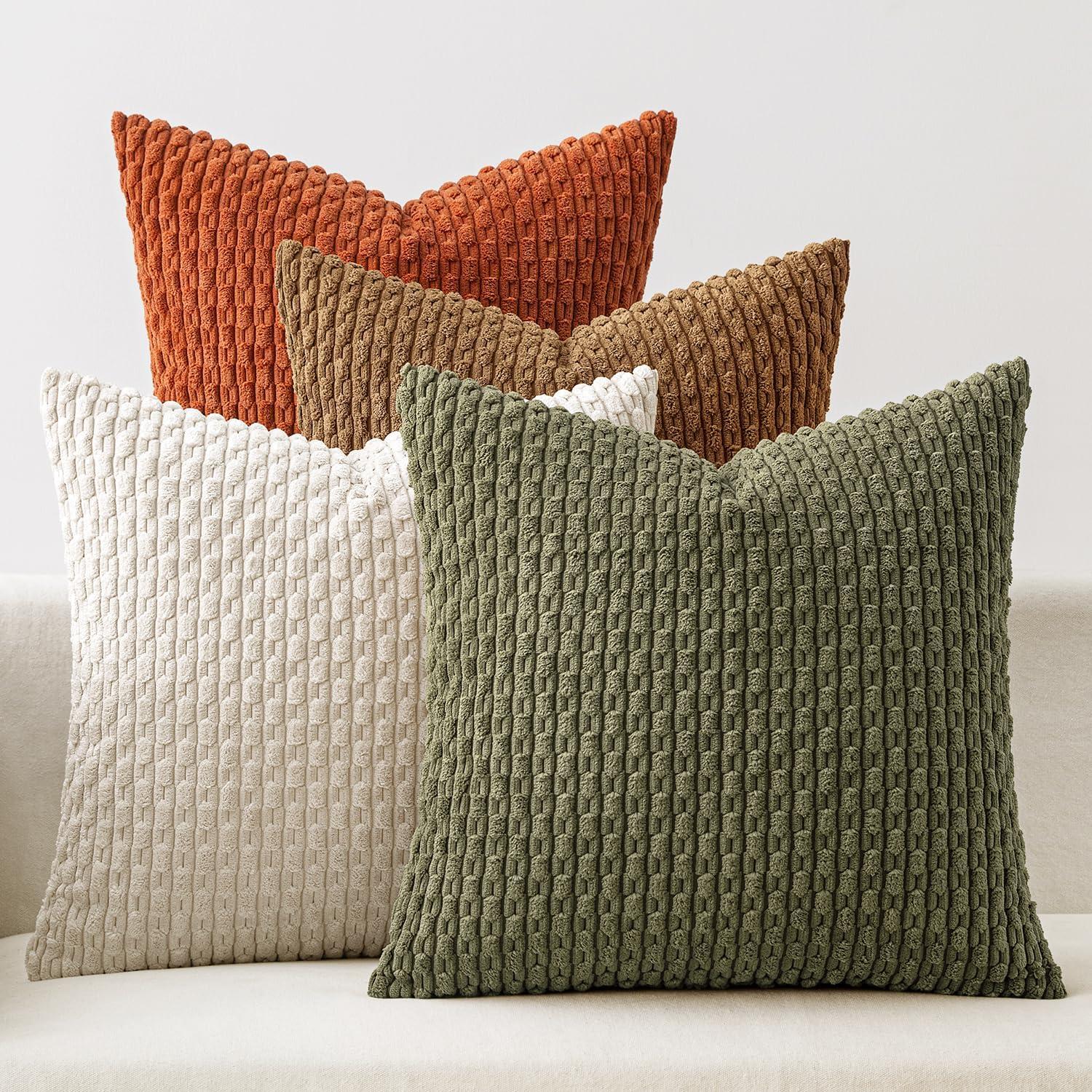 imageMIULEE Burnt Orange Throw Pillow Covers Soft Couch Decorative Set of 4 Boho Striped Cushion Covers Corduroy Pillowcase Farmhouse Home Decor for Couch Bed Sofa Living Room 18x18 Inch Yellow OrangeCamel Green