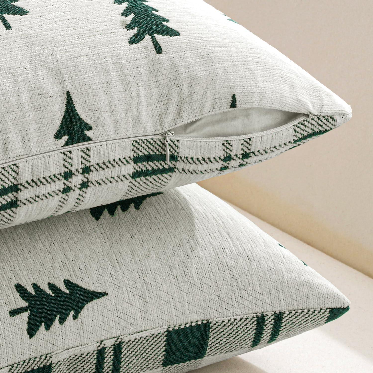 imageMIULEE Christmas Decorative Chenille Throw Pillow Covers 18x18 Inch White Dark Green Tree Set of 2 Cute Trees with Plaid Patterns Pillows for Sofa Couch Bedroom Chair Xmas Home Decor