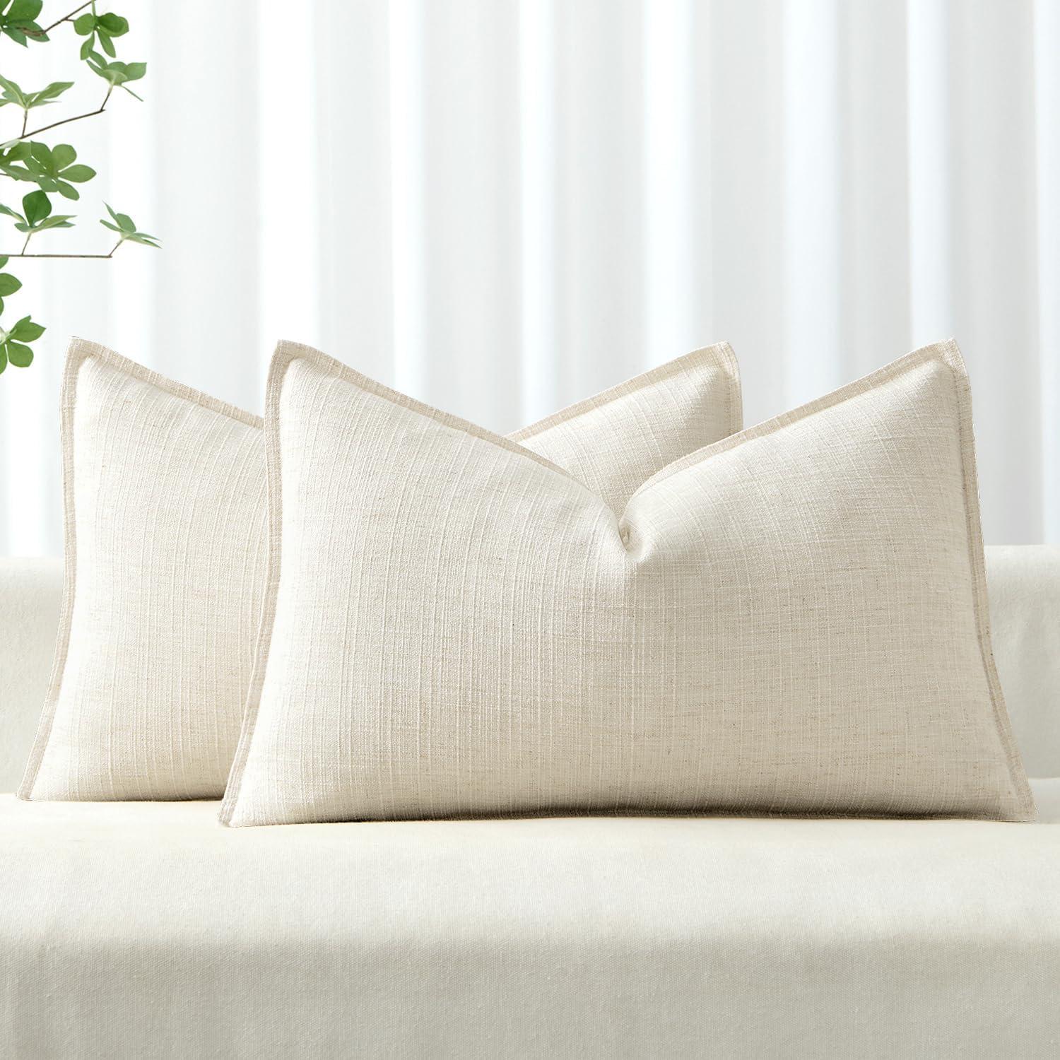 imageMIULEE Christmas Decorative Pillow Covers 20x20 2 Pack Boho Farmhouse Neutral Throw Pillows for Couch Thick Textured Modern Linen Cushion Cases Sofa Bed Living Room Home Decor Dark GreenCream White