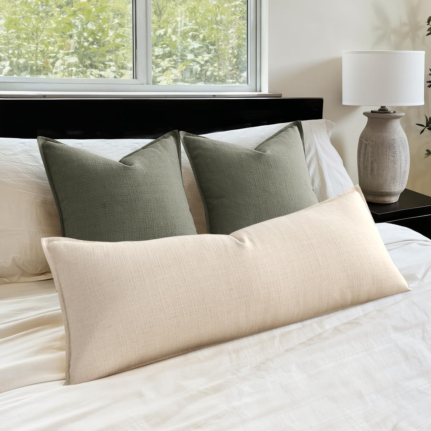 imageMIULEE Christmas Decorative Pillow Covers 20x20 2 Pack Boho Farmhouse Neutral Throw Pillows for Couch Thick Textured Modern Linen Cushion Cases Sofa Bed Living Room Home Decor Dark GreenNatural Beige