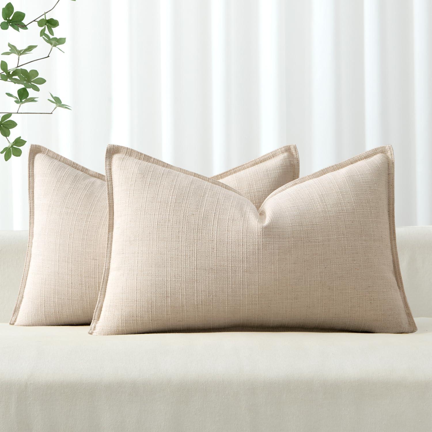 imageMIULEE Christmas Decorative Pillow Covers 20x20 2 Pack Boho Farmhouse Neutral Throw Pillows for Couch Thick Textured Modern Linen Cushion Cases Sofa Bed Living Room Home Decor Dark GreenNatural Beige