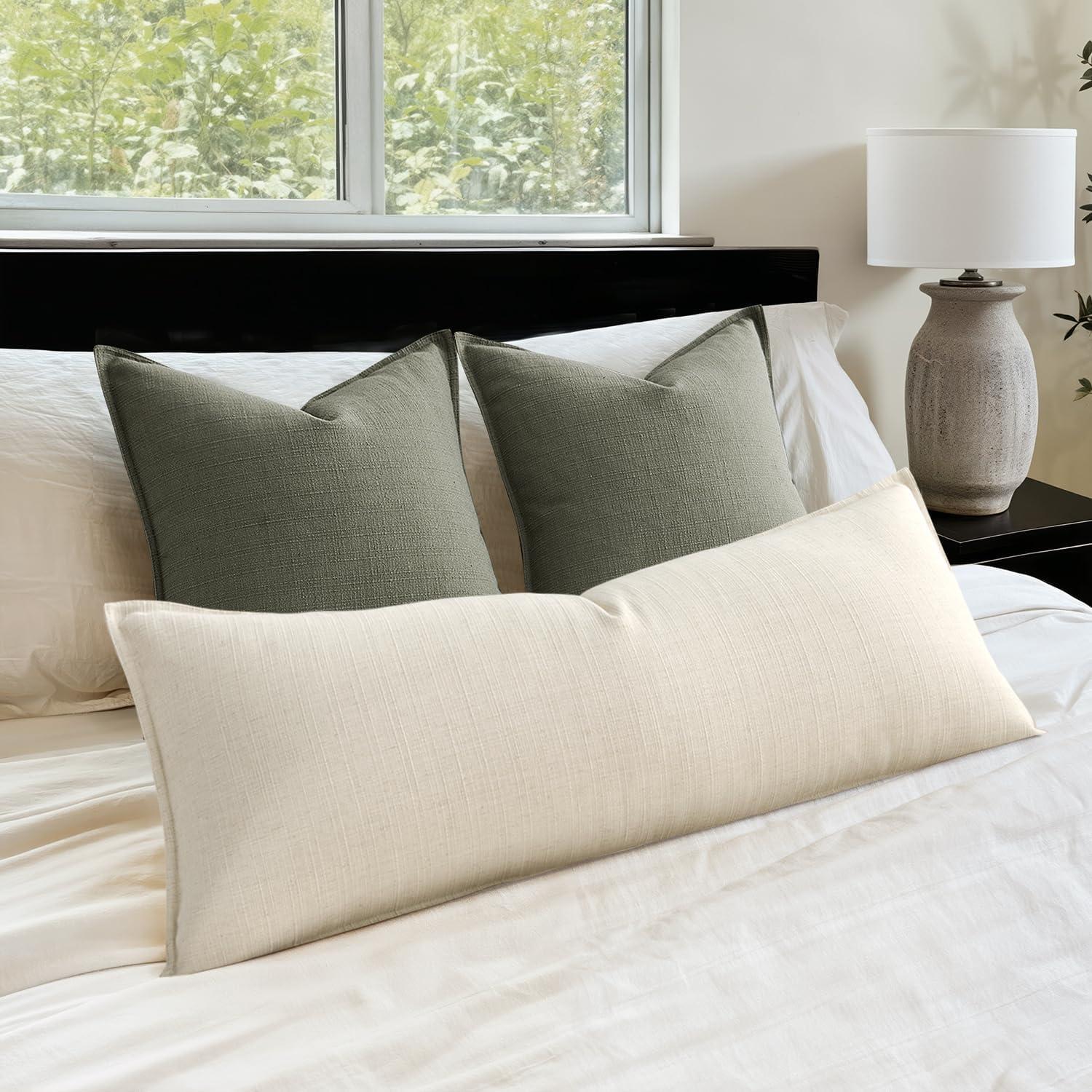 imageMIULEE Christmas Decorative Pillow Covers 20x20 2 Pack Boho Farmhouse Neutral Throw Pillows for Couch Thick Textured Modern Linen Cushion Cases Sofa Bed Living Room Home Decor Dark GreenCream White