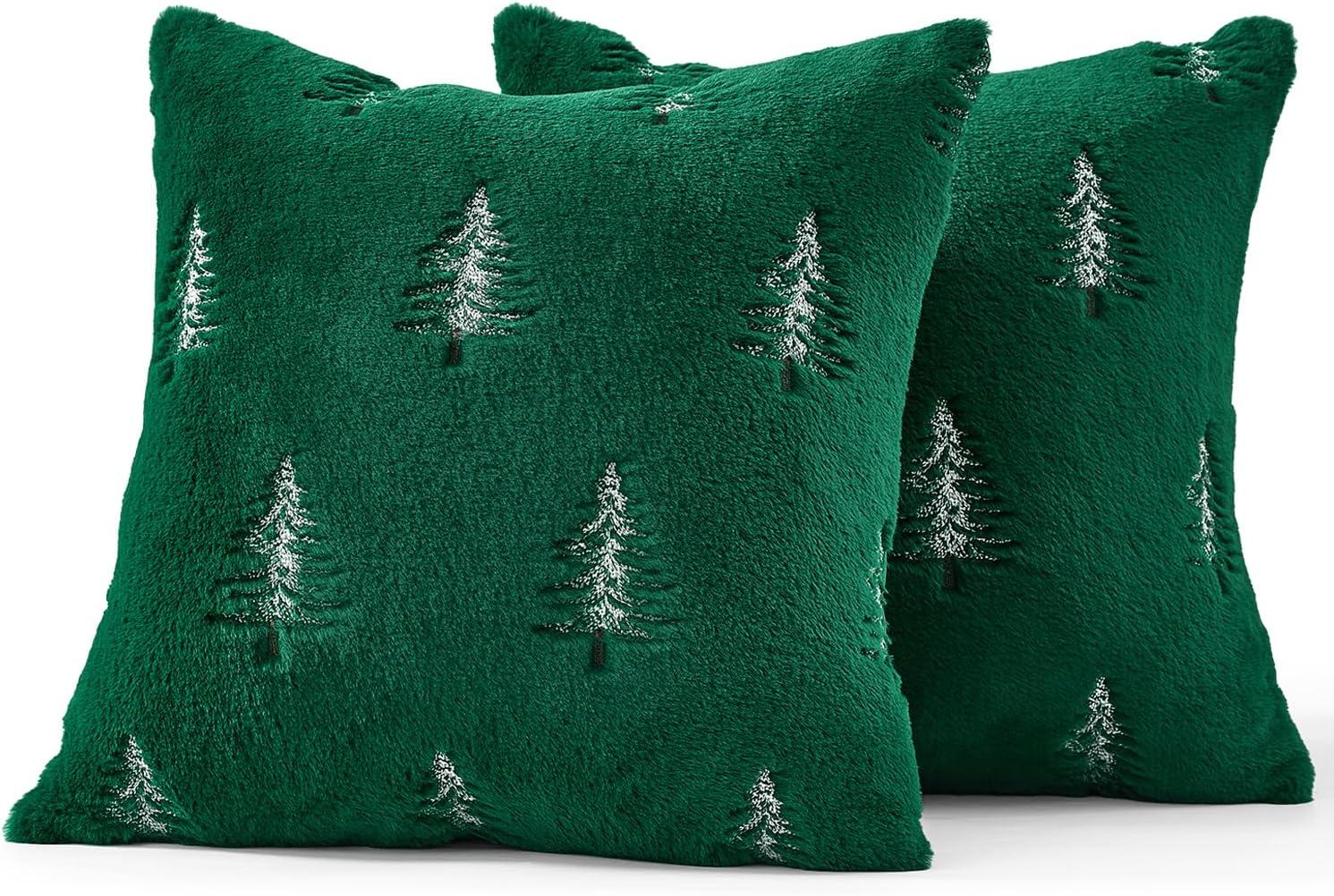 imageMIULEE Christmas Decorative Pillow Covers Set of 2 Faux Fur Throw Pillows with Embroidered Christmas Tree 18x18 Inch White Green Winter Couch Covers for Festival Sofa Bedroom Living Room Home DecorGreen White
