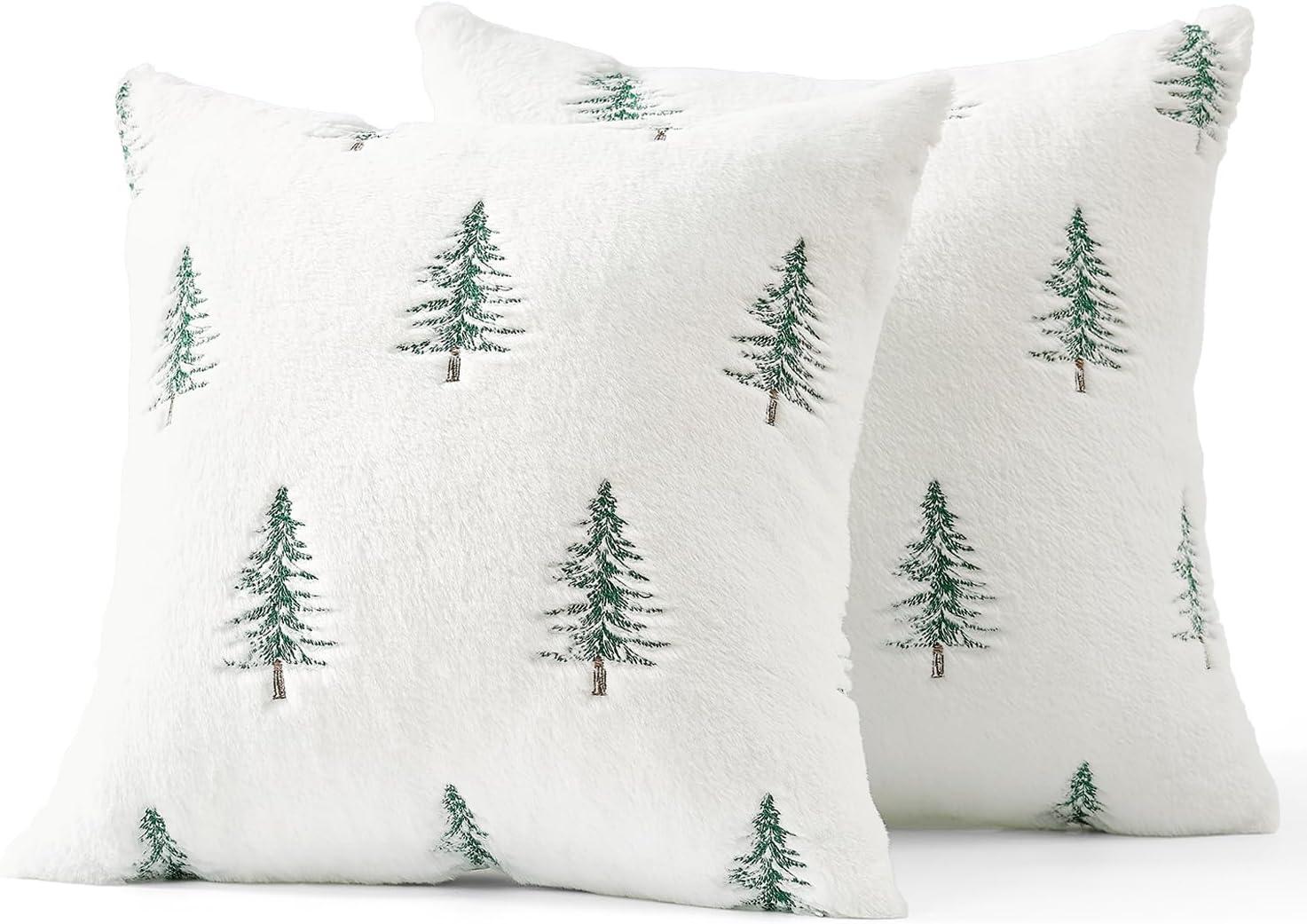 imageMIULEE Christmas Decorative Pillow Covers Set of 2 Faux Fur Throw Pillows with Embroidered Christmas Tree 18x18 Inch White Green Winter Couch Covers for Festival Sofa Bedroom Living Room Home DecorWhite Green