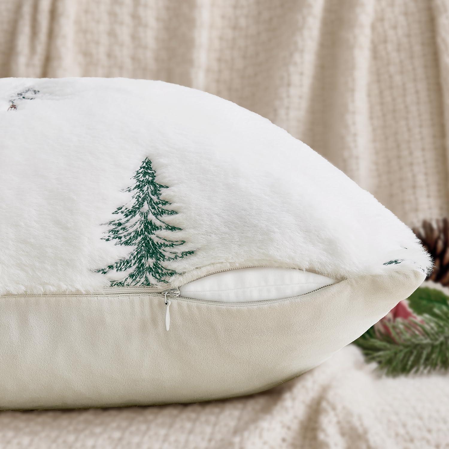 imageMIULEE Christmas Decorative Pillow Covers Set of 2 Faux Fur Throw Pillows with Embroidered Christmas Tree 18x18 Inch White Green Winter Couch Covers for Festival Sofa Bedroom Living Room Home DecorWhite Green
