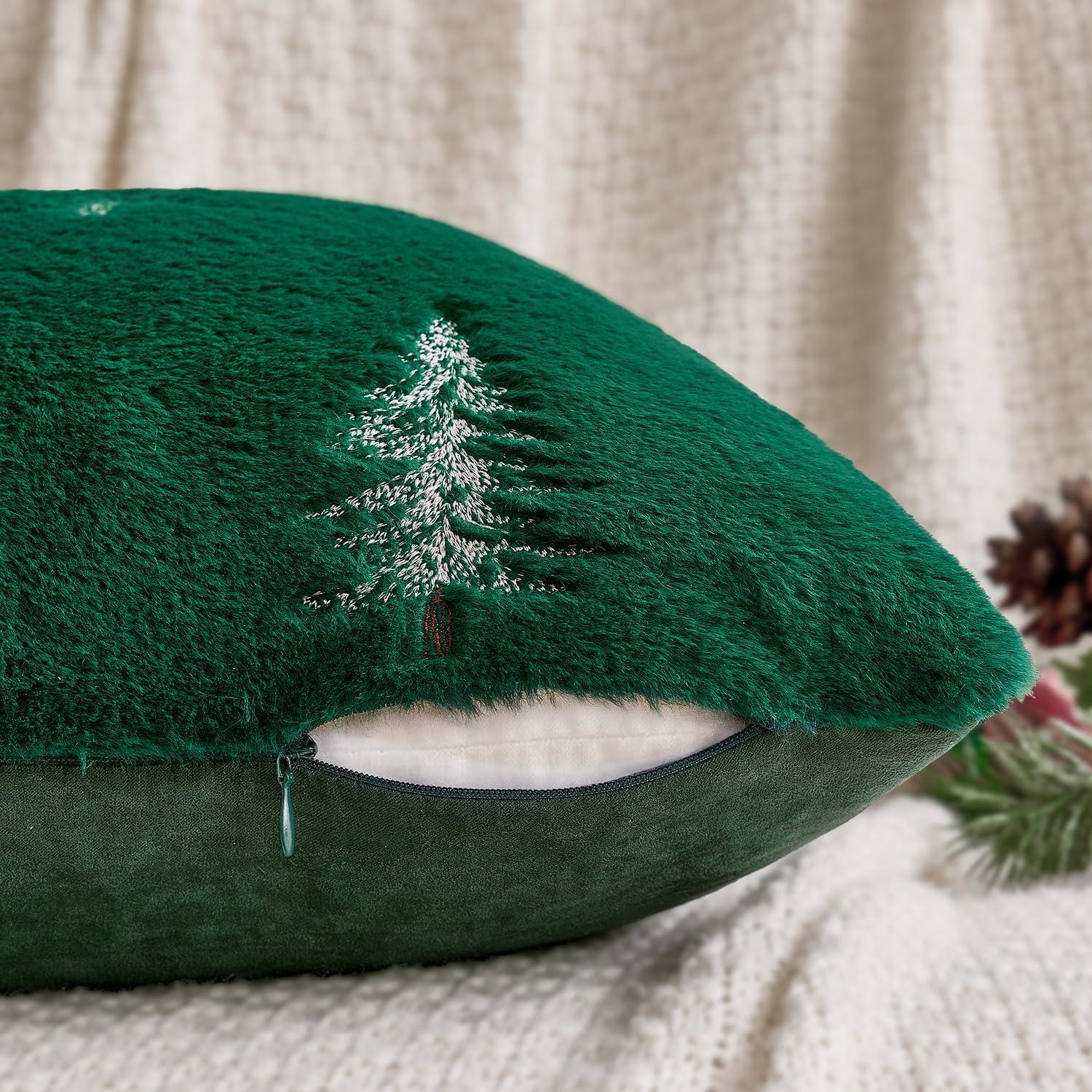 imageMIULEE Christmas Decorative Pillow Covers Set of 2 Faux Fur Throw Pillows with Embroidered Christmas Tree 18x18 Inch White Green Winter Couch Covers for Festival Sofa Bedroom Living Room Home DecorGreen White