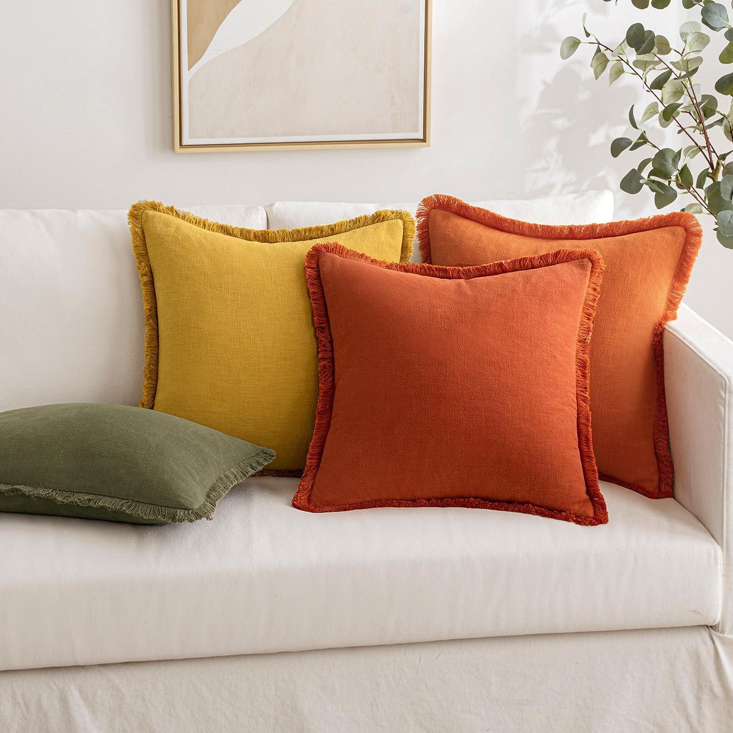 imageMIULEE Christmas Decorative Throw Pillow Covers Neutral Linen Fringe Throw Pillows Set of 2 Natural Beige Boho Farmhouse Cushion Covers with Tassels for Couch Sofa Bed Living Room Decor 18x18 InchOrange