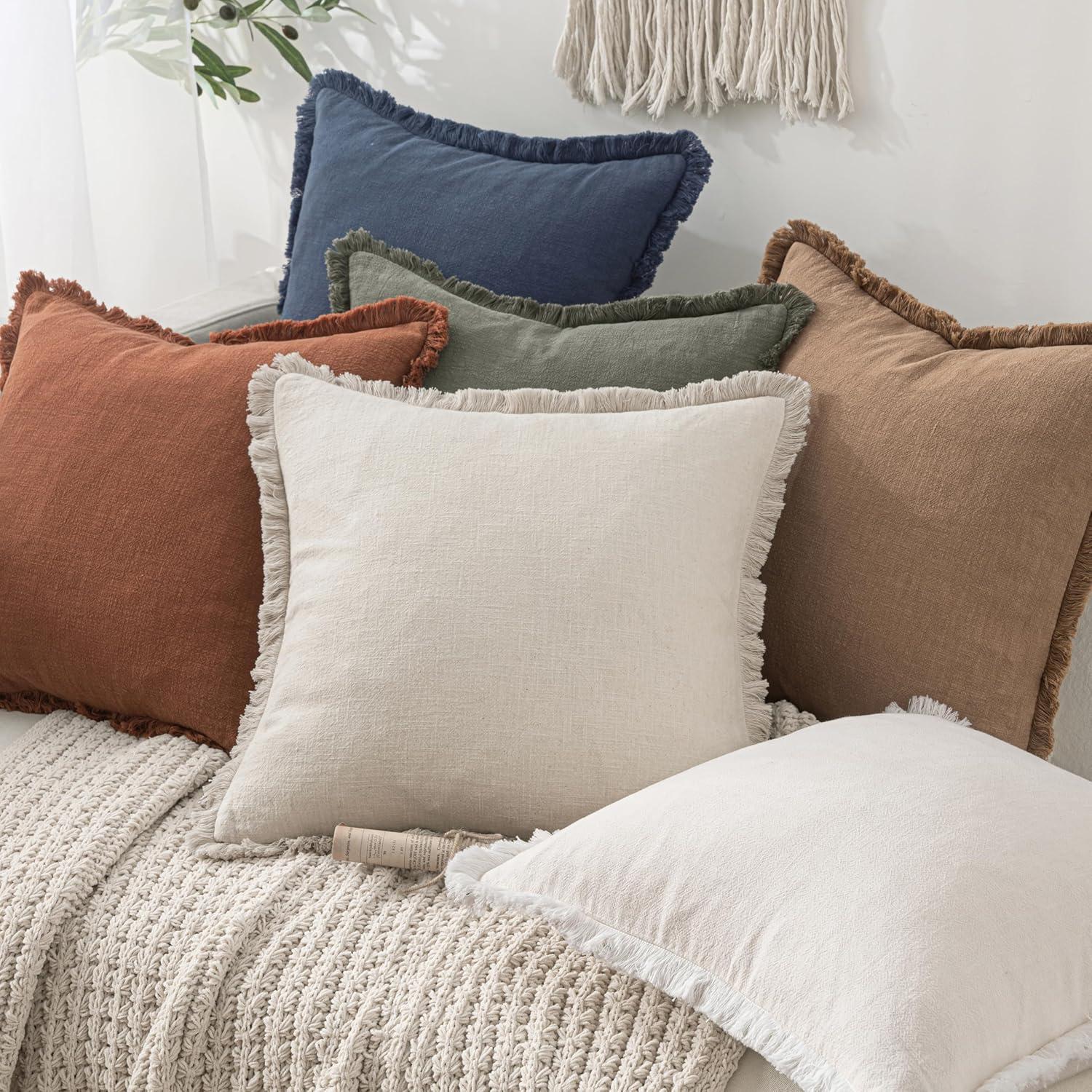 imageMIULEE Christmas Decorative Throw Pillow Covers Neutral Linen Fringe Throw Pillows Set of 2 Natural Beige Boho Farmhouse Cushion Covers with Tassels for Couch Sofa Bed Living Room Decor 18x18 InchLight Olive Green