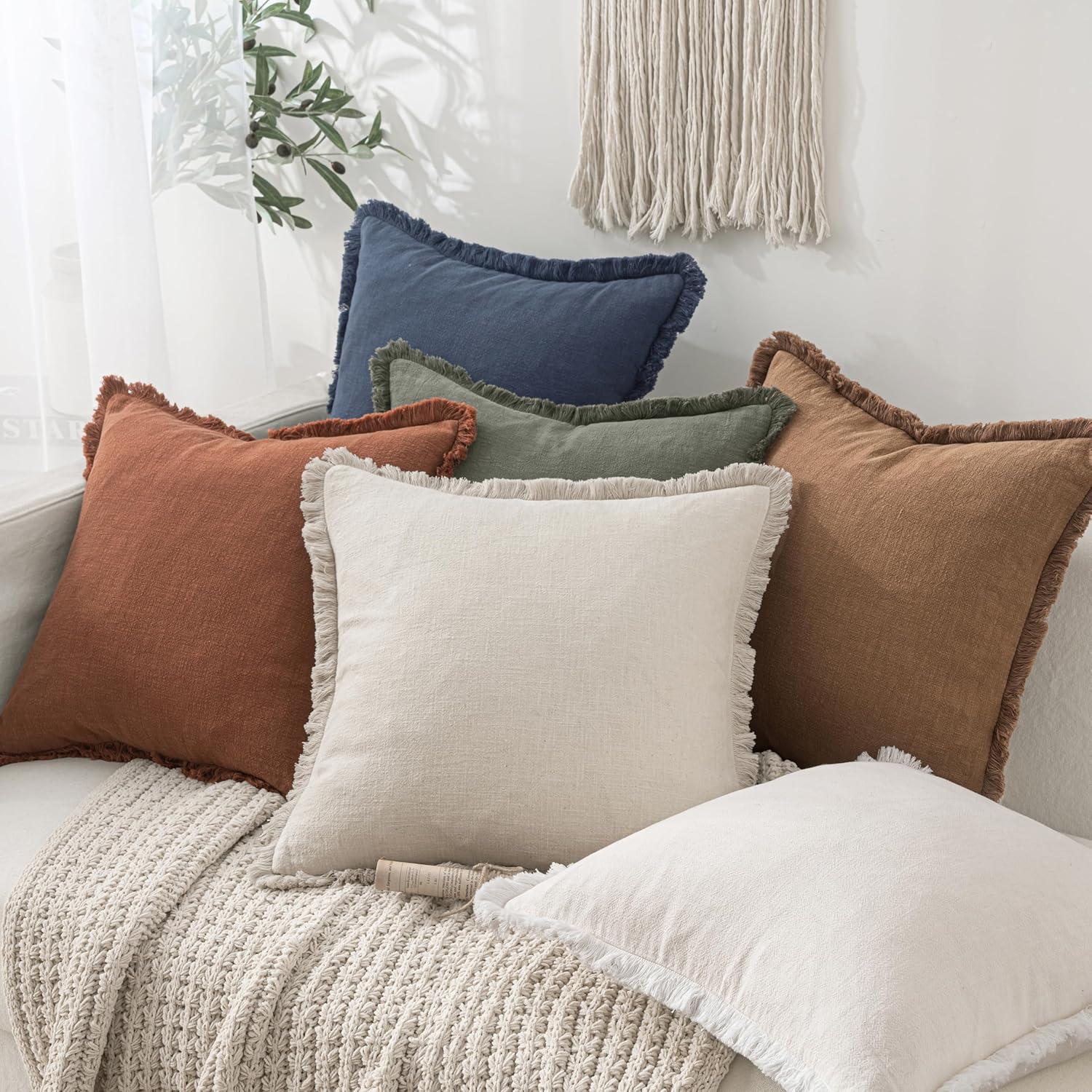imageMIULEE Christmas Decorative Throw Pillow Covers Neutral Linen Fringe Throw Pillows Set of 2 Natural Beige Boho Farmhouse Cushion Covers with Tassels for Couch Sofa Bed Living Room Decor 18x18 InchBrown