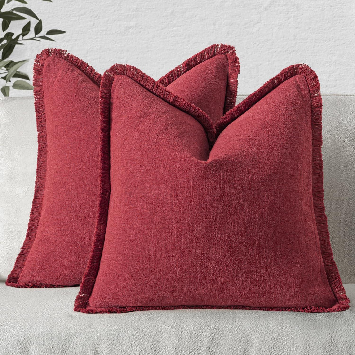 imageMIULEE Christmas Decorative Throw Pillow Covers Neutral Linen Fringe Throw Pillows Set of 2 Natural Beige Boho Farmhouse Cushion Covers with Tassels for Couch Sofa Bed Living Room Decor 18x18 InchBurgundy
