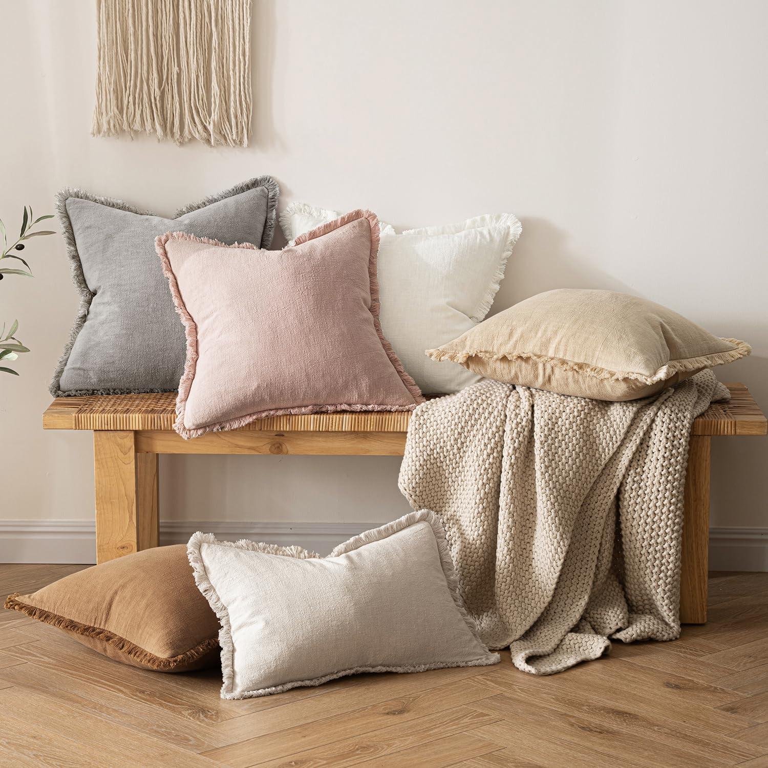 imageMIULEE Christmas Decorative Throw Pillow Covers Neutral Linen Fringe Throw Pillows Set of 2 Natural Beige Boho Farmhouse Cushion Covers with Tassels for Couch Sofa Bed Living Room Decor 18x18 InchLight Pink