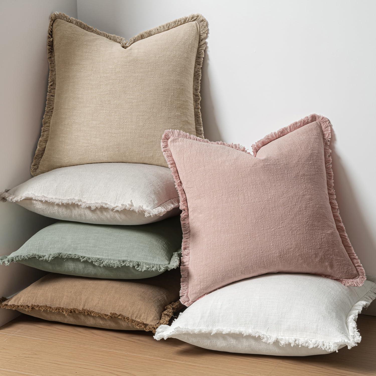 imageMIULEE Christmas Decorative Throw Pillow Covers Neutral Linen Fringe Throw Pillows Set of 2 Natural Beige Boho Farmhouse Cushion Covers with Tassels for Couch Sofa Bed Living Room Decor 18x18 InchLight Pink