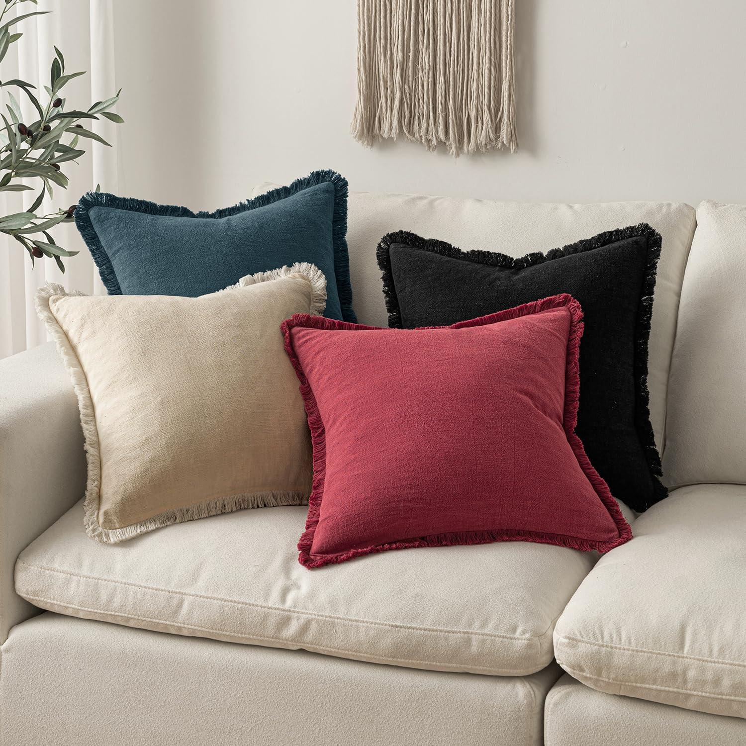 imageMIULEE Christmas Decorative Throw Pillow Covers Neutral Linen Fringe Throw Pillows Set of 2 Natural Beige Boho Farmhouse Cushion Covers with Tassels for Couch Sofa Bed Living Room Decor 18x18 InchBurgundy