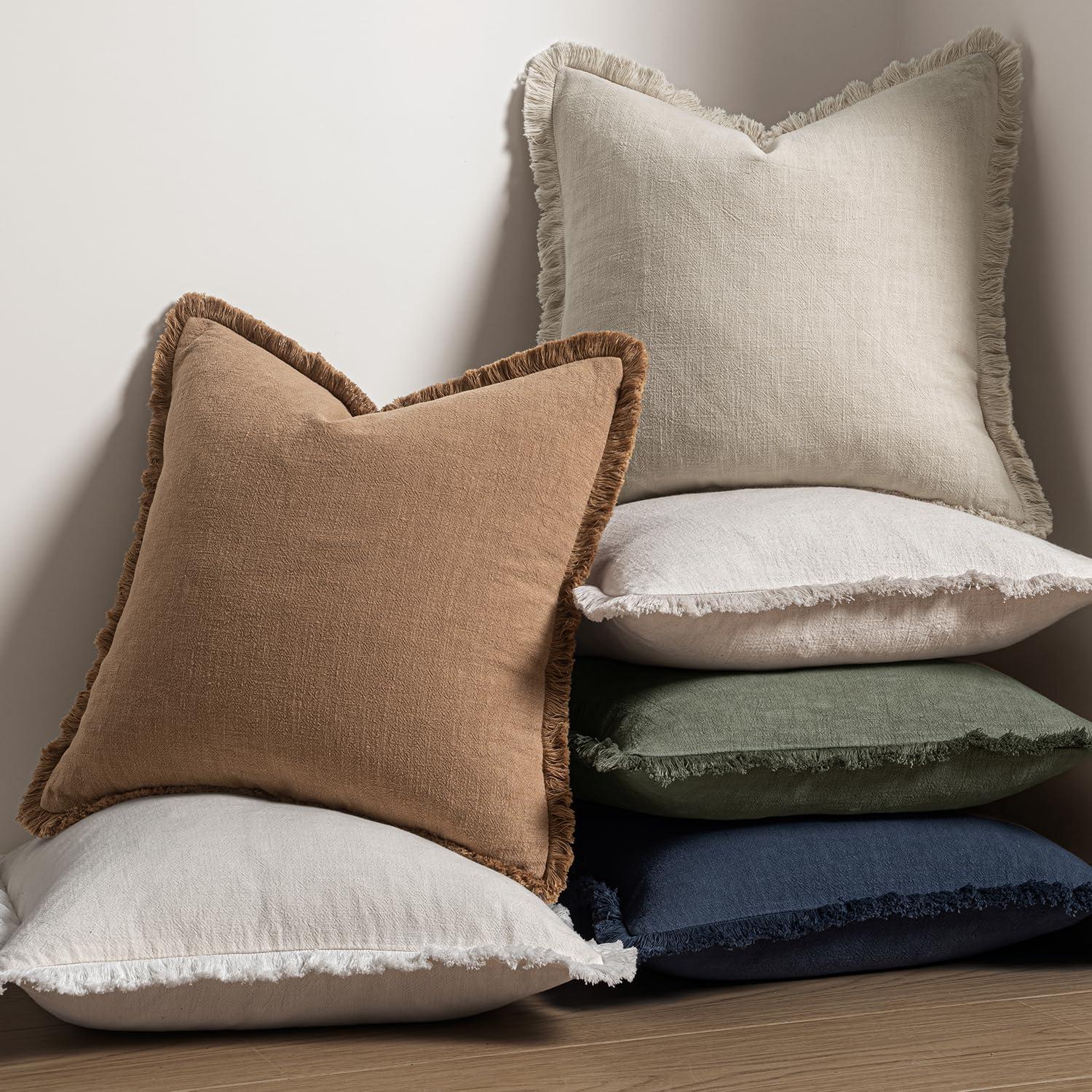 imageMIULEE Christmas Decorative Throw Pillow Covers Neutral Linen Fringe Throw Pillows Set of 2 Natural Beige Boho Farmhouse Cushion Covers with Tassels for Couch Sofa Bed Living Room Decor 18x18 InchLight Olive Green