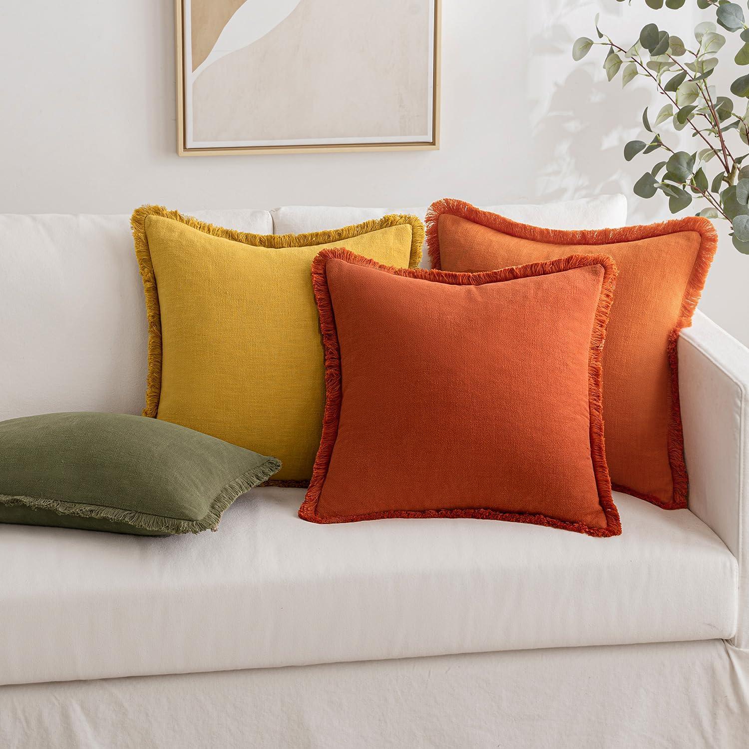 imageMIULEE Christmas Decorative Throw Pillow Covers Neutral Linen Fringe Throw Pillows Set of 2 Natural Beige Boho Farmhouse Cushion Covers with Tassels for Couch Sofa Bed Living Room Decor 18x18 InchBurnt Orange