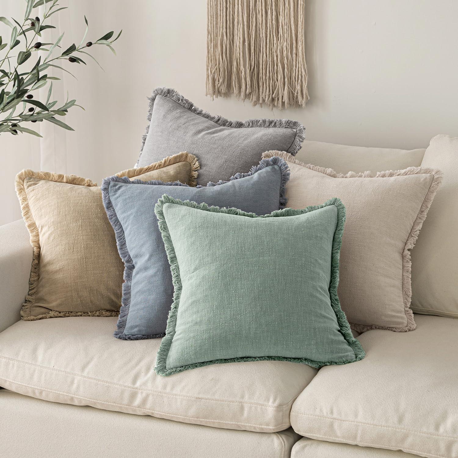 imageMIULEE Christmas Decorative Throw Pillow Covers Neutral Linen Fringe Throw Pillows Set of 2 Natural Beige Boho Farmhouse Cushion Covers with Tassels for Couch Sofa Bed Living Room Decor 18x18 InchLight Blue
