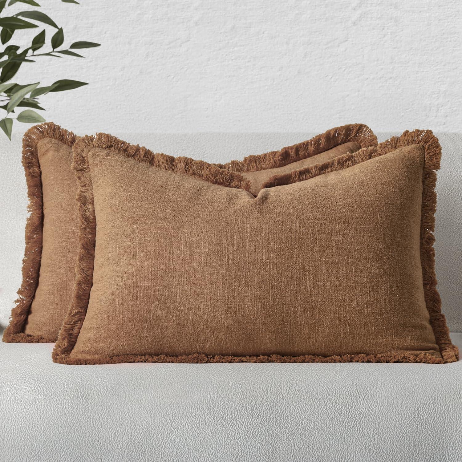 imageMIULEE Christmas Decorative Throw Pillow Covers Neutral Linen Fringe Throw Pillows Set of 2 Natural Beige Boho Farmhouse Cushion Covers with Tassels for Couch Sofa Bed Living Room Decor 18x18 InchBrown