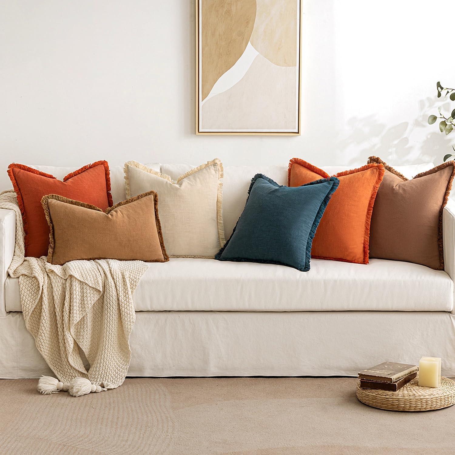 imageMIULEE Christmas Decorative Throw Pillow Covers Neutral Linen Fringe Throw Pillows Set of 2 Natural Beige Boho Farmhouse Cushion Covers with Tassels for Couch Sofa Bed Living Room Decor 18x18 InchOrange