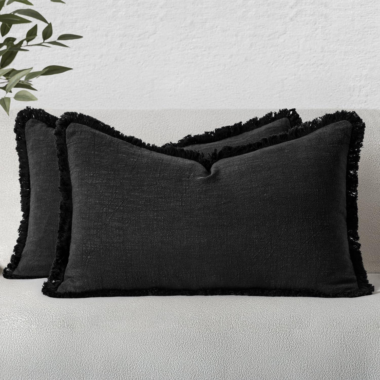 imageMIULEE Christmas Decorative Throw Pillow Covers Neutral Linen Fringe Throw Pillows Set of 2 Natural Beige Boho Farmhouse Cushion Covers with Tassels for Couch Sofa Bed Living Room Decor 18x18 InchBlack