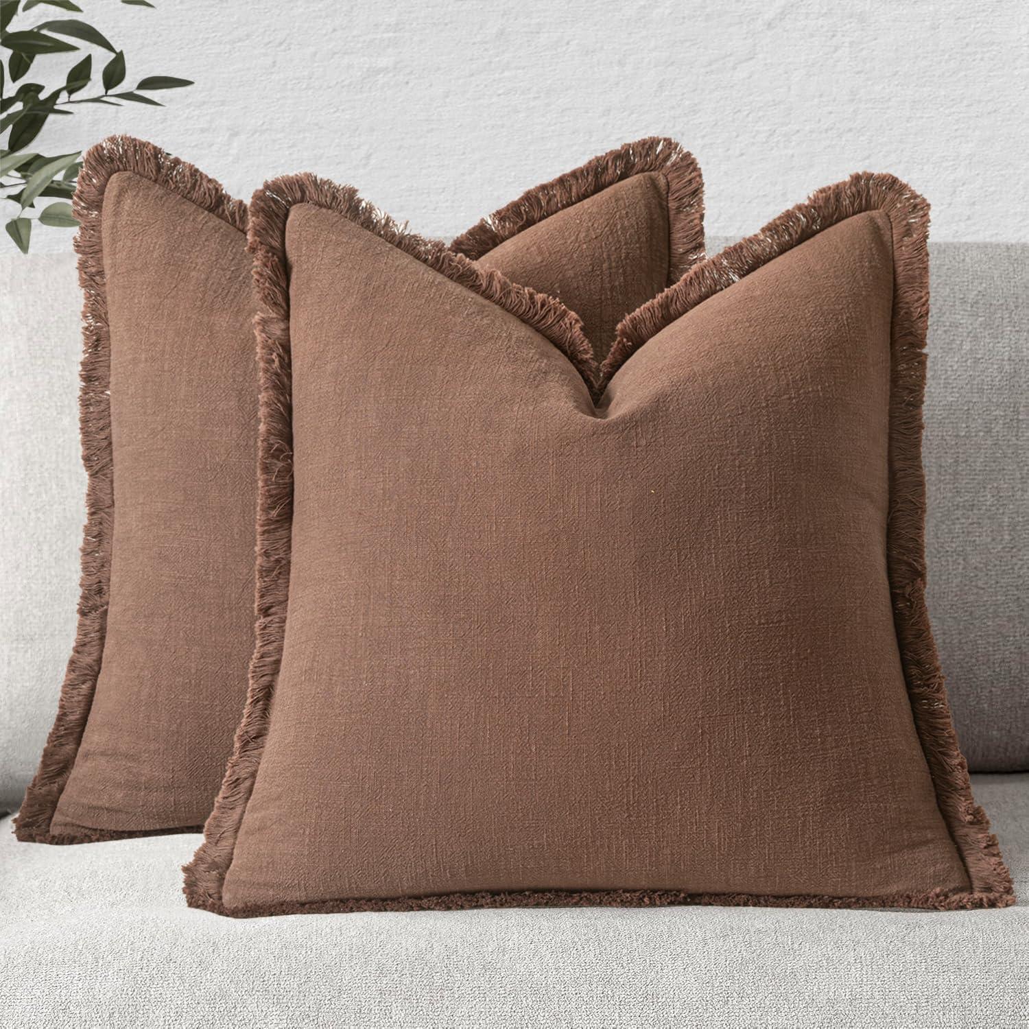 imageMIULEE Christmas Decorative Throw Pillow Covers Neutral Linen Fringe Throw Pillows Set of 2 Natural Beige Boho Farmhouse Cushion Covers with Tassels for Couch Sofa Bed Living Room Decor 18x18 InchDark Coffee