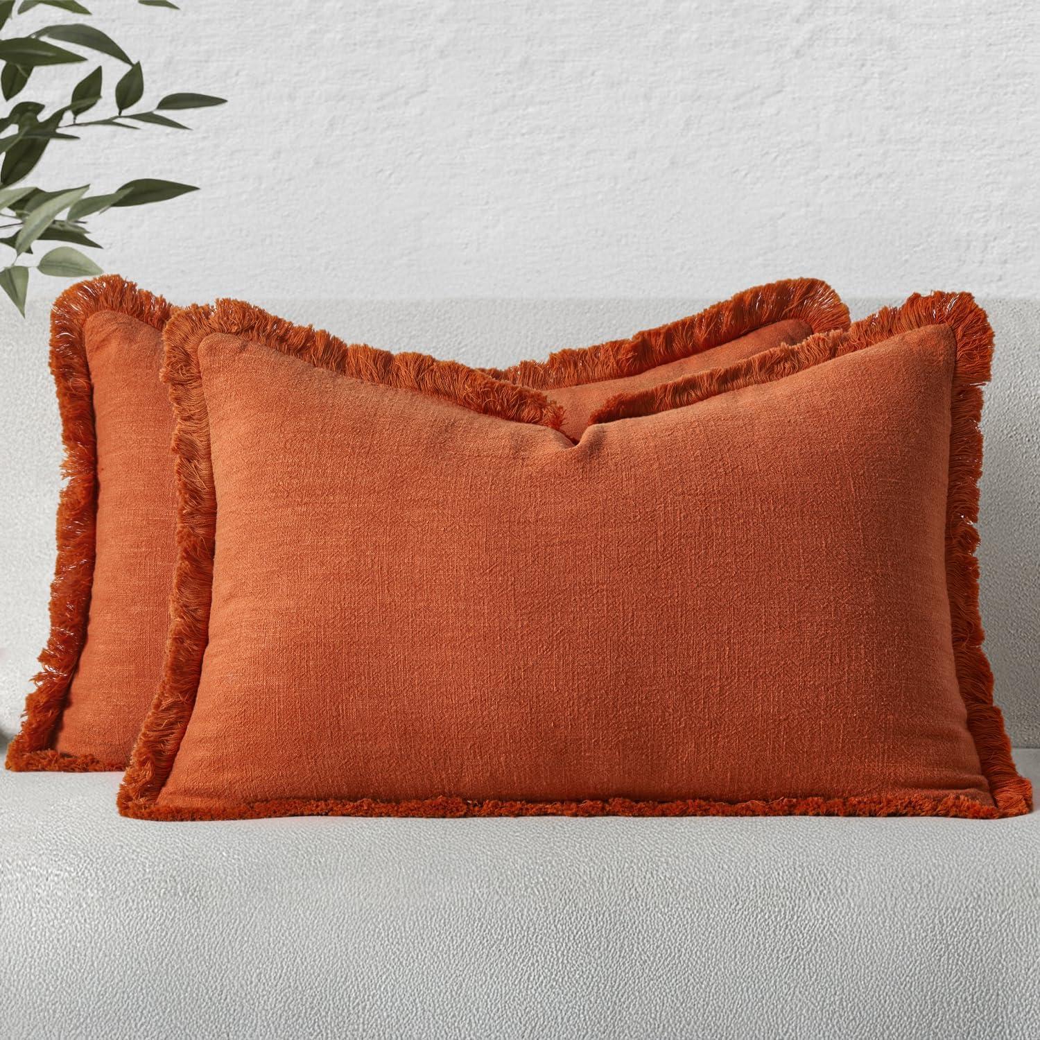 imageMIULEE Christmas Decorative Throw Pillow Covers Neutral Linen Fringe Throw Pillows Set of 2 Natural Beige Boho Farmhouse Cushion Covers with Tassels for Couch Sofa Bed Living Room Decor 18x18 InchBurnt Orange