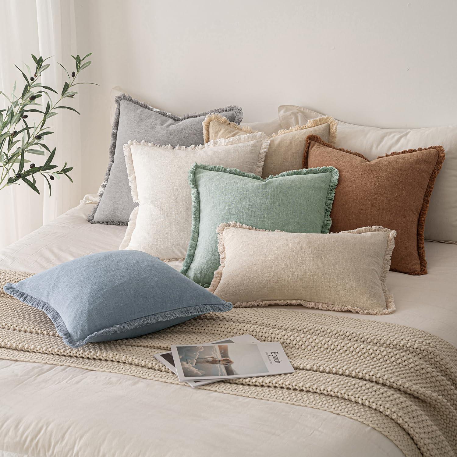 imageMIULEE Christmas Decorative Throw Pillow Covers Neutral Linen Fringe Throw Pillows Set of 2 Natural Beige Boho Farmhouse Cushion Covers with Tassels for Couch Sofa Bed Living Room Decor 18x18 InchLight Blue