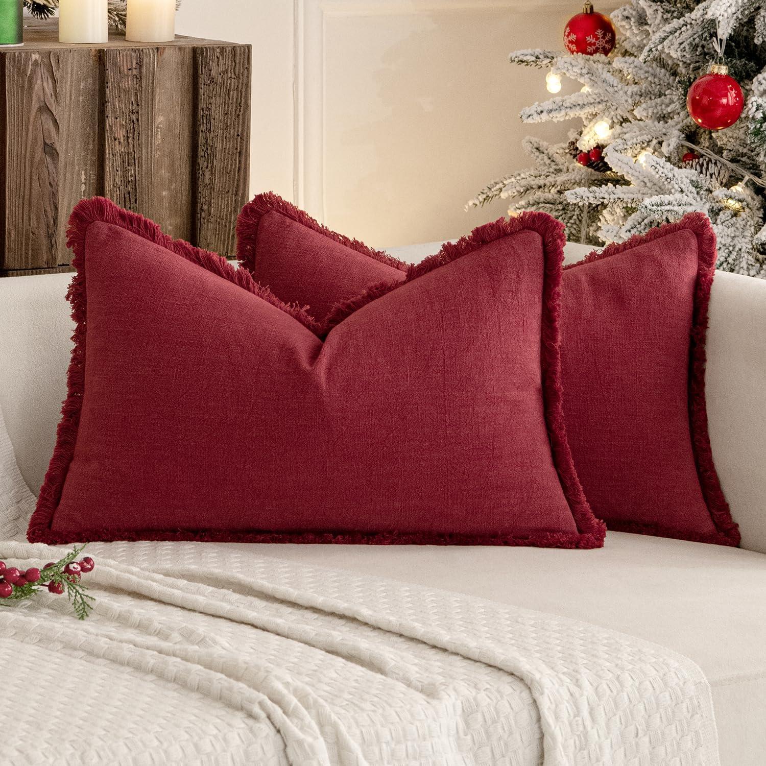 imageMIULEE Christmas Decorative Throw Pillow Covers Neutral Linen Fringe Throw Pillows Set of 2 Natural Beige Boho Farmhouse Cushion Covers with Tassels for Couch Sofa Bed Living Room Decor 18x18 InchBurgundy