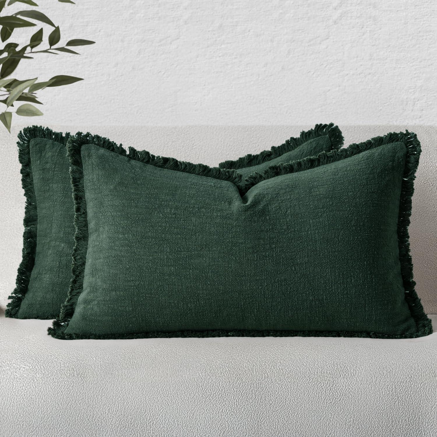 imageMIULEE Christmas Decorative Throw Pillow Covers Neutral Linen Fringe Throw Pillows Set of 2 Natural Beige Boho Farmhouse Cushion Covers with Tassels for Couch Sofa Bed Living Room Decor 18x18 InchArmy Green