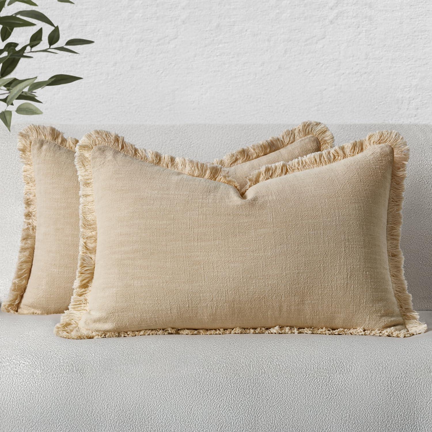 imageMIULEE Christmas Decorative Throw Pillow Covers Neutral Linen Fringe Throw Pillows Set of 2 Natural Beige Boho Farmhouse Cushion Covers with Tassels for Couch Sofa Bed Living Room Decor 18x18 InchBeige