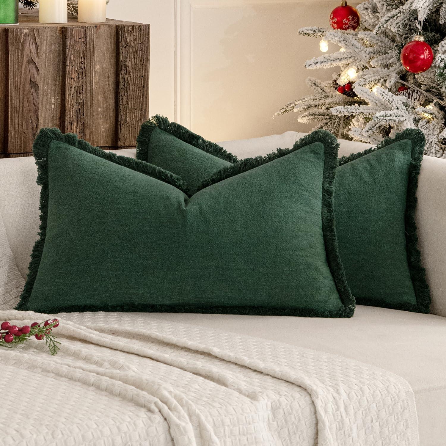 imageMIULEE Christmas Decorative Throw Pillow Covers Neutral Linen Fringe Throw Pillows Set of 2 Natural Beige Boho Farmhouse Cushion Covers with Tassels for Couch Sofa Bed Living Room Decor 18x18 InchArmy Green