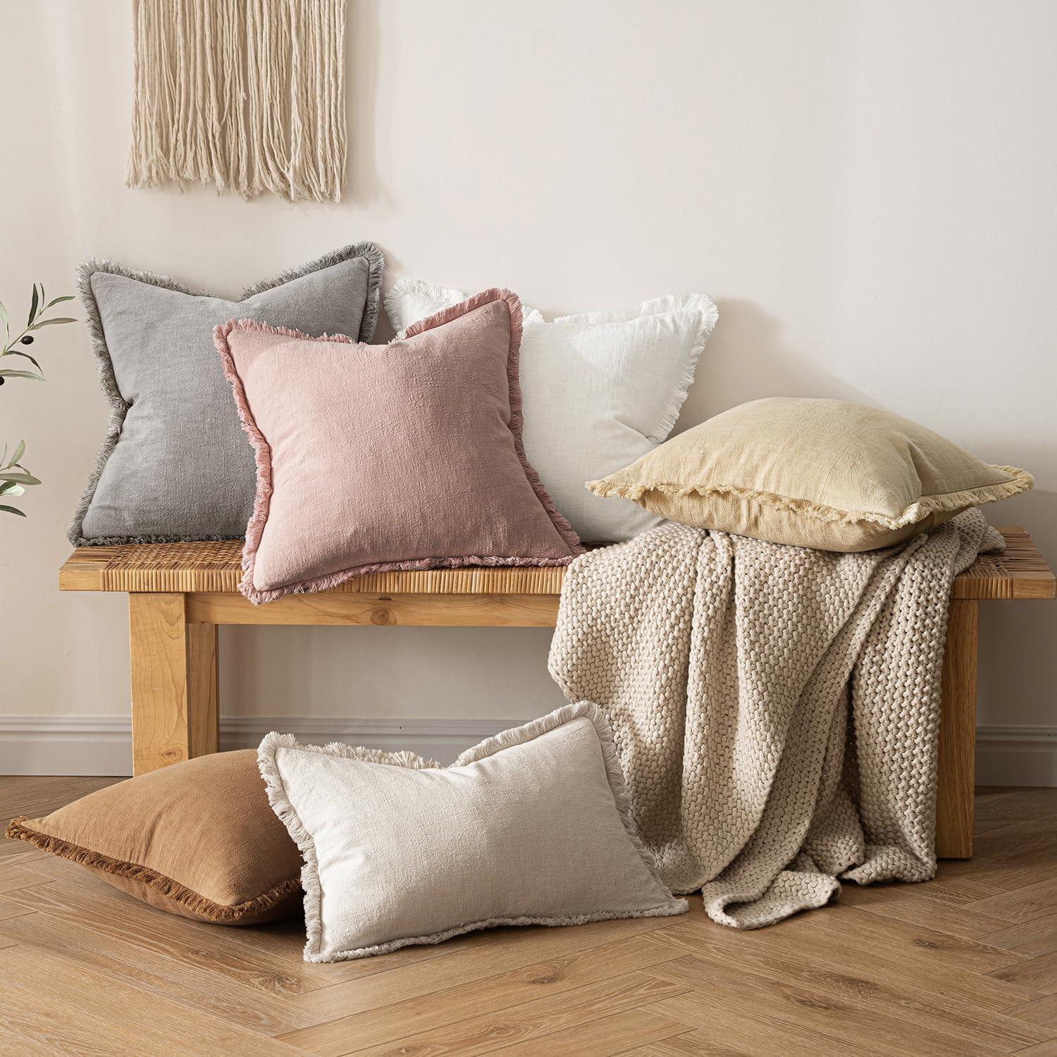 imageMIULEE Christmas Decorative Throw Pillow Covers Neutral Linen Fringe Throw Pillows Set of 2 Natural Beige Boho Farmhouse Cushion Covers with Tassels for Couch Sofa Bed Living Room Decor 18x18 InchWhite